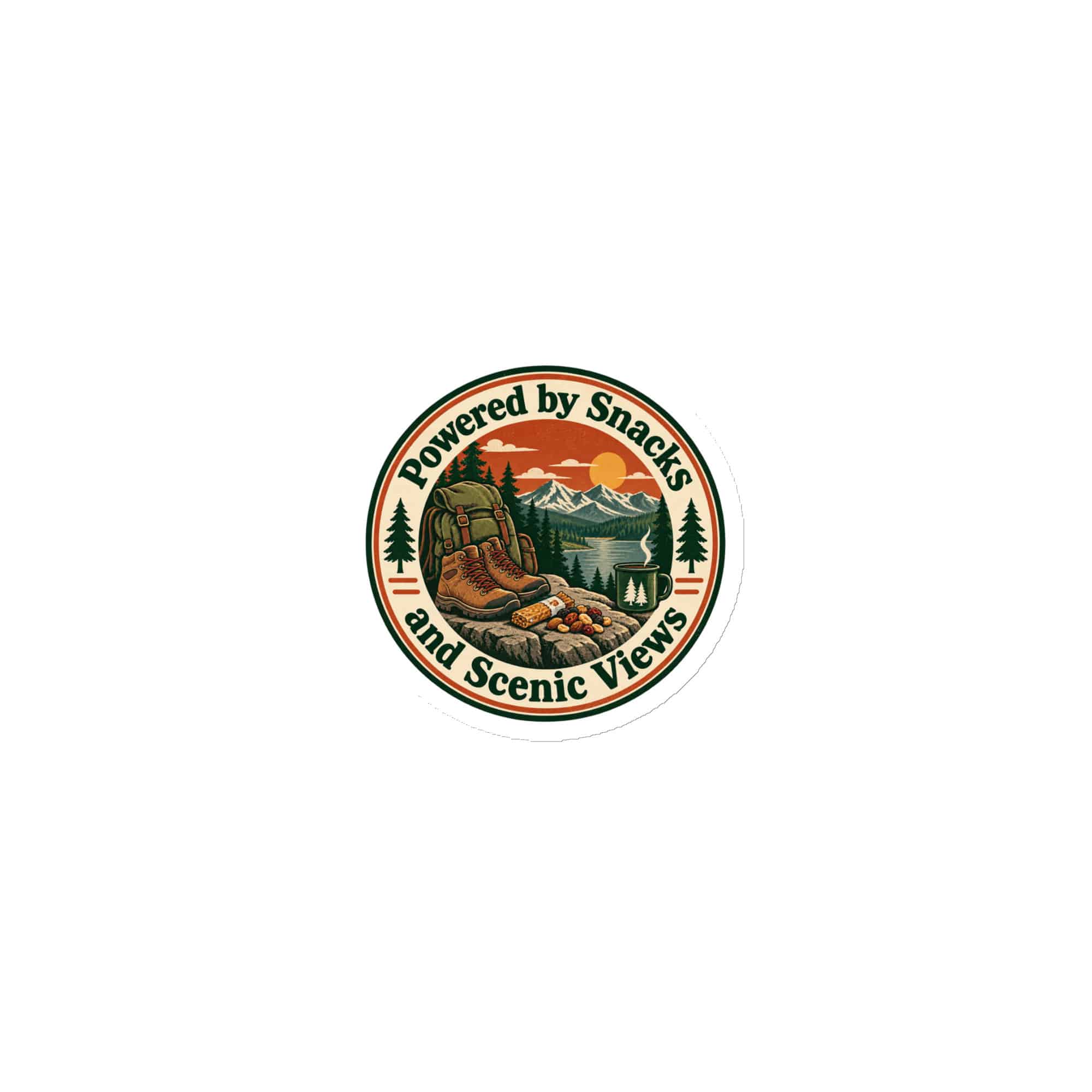 Nature and Adventure Die-Cut Magnet: Powered by Snacks and Scenic Views, Vintage Round Badge