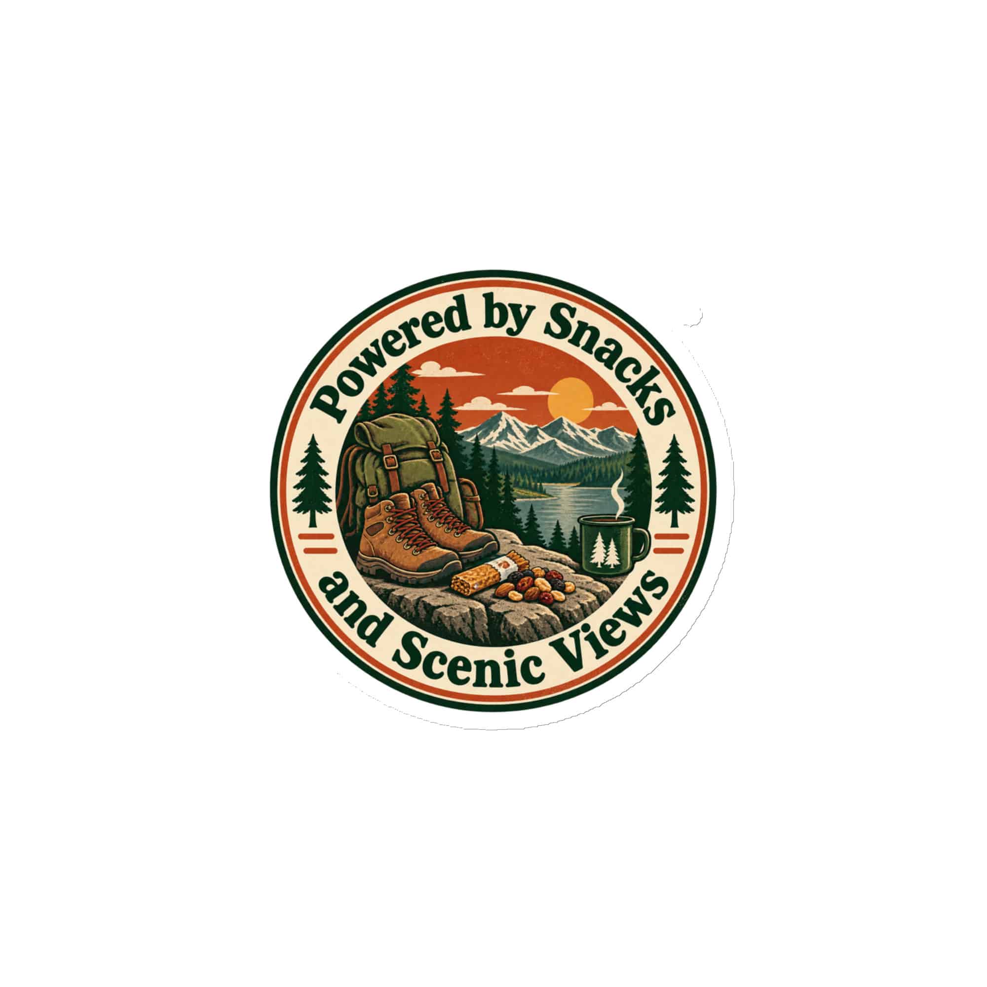 Nature and Adventure Die-Cut Magnet: Powered by Snacks and Scenic Views, Vintage Round Badge