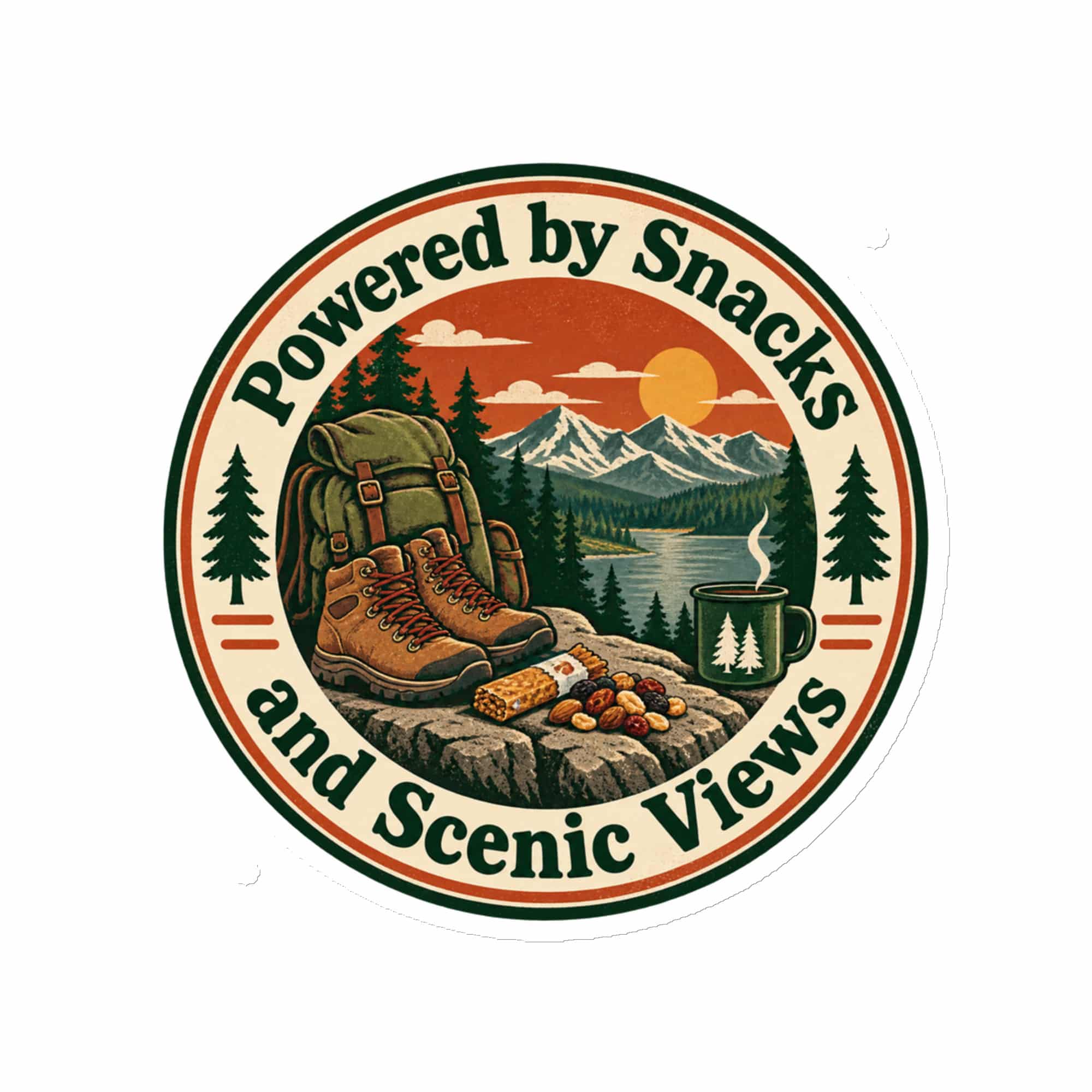 Nature and Adventure Die-Cut Magnet: Powered by Snacks and Scenic Views, Vintage Round Badge