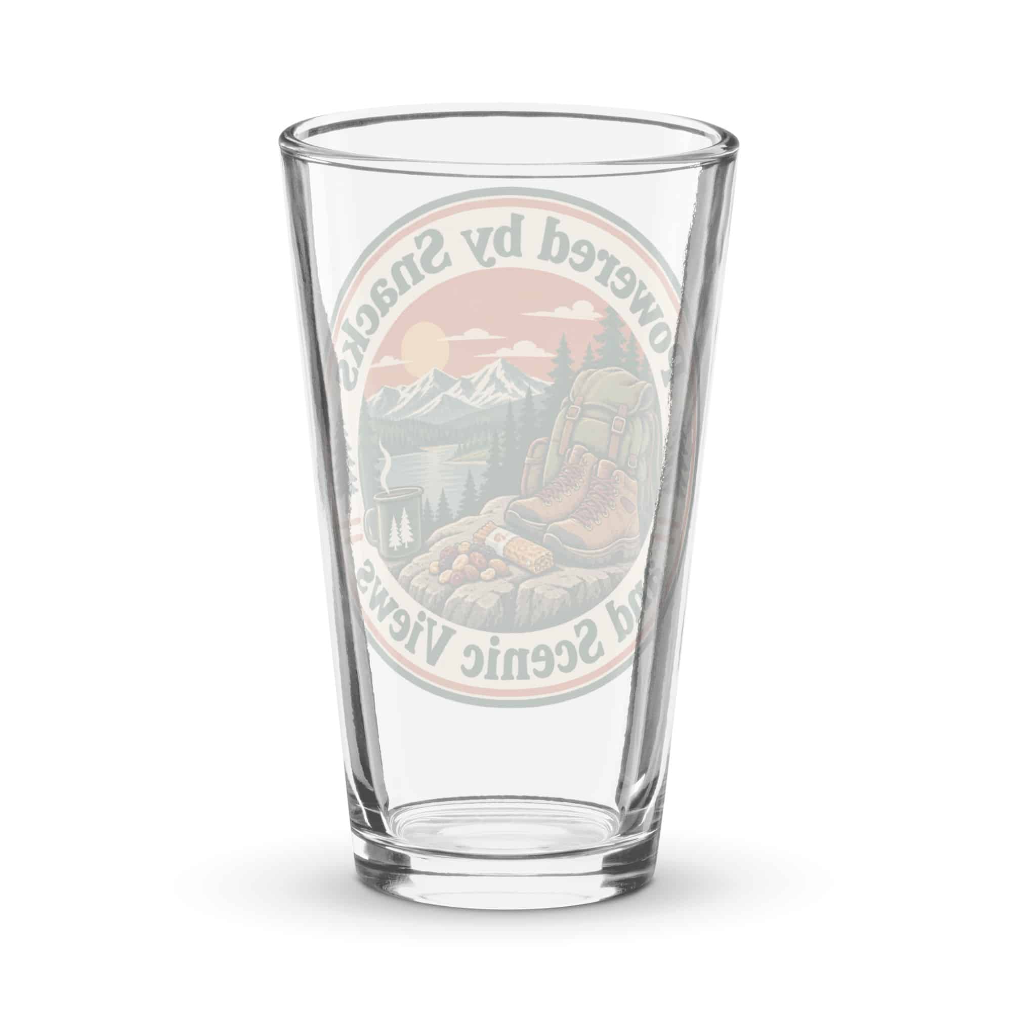 Nature and Adventure Pint Glass: Powered by Snacks and Scenic Views, Vintage Round Badge