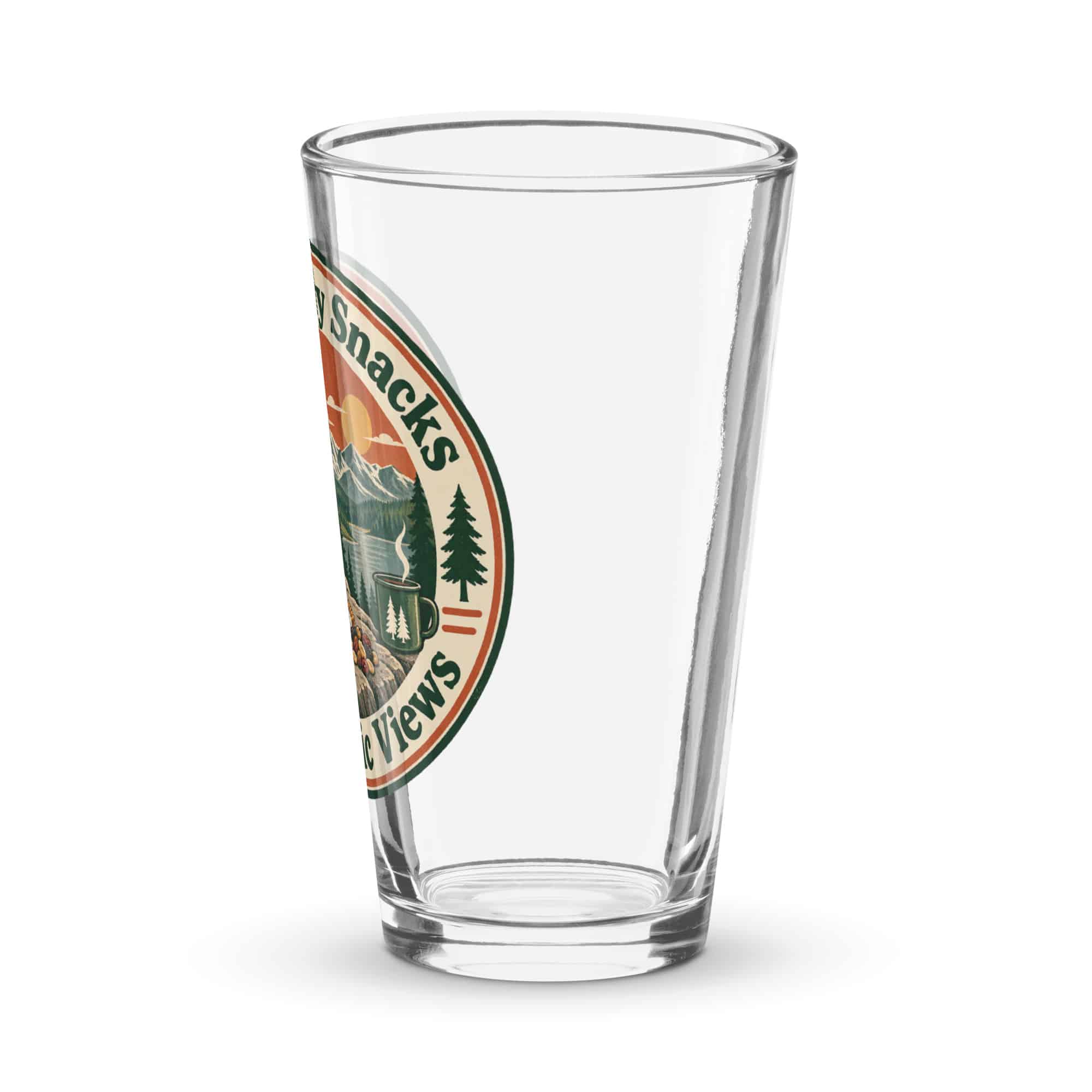 Nature and Adventure Pint Glass: Powered by Snacks and Scenic Views, Vintage Round Badge