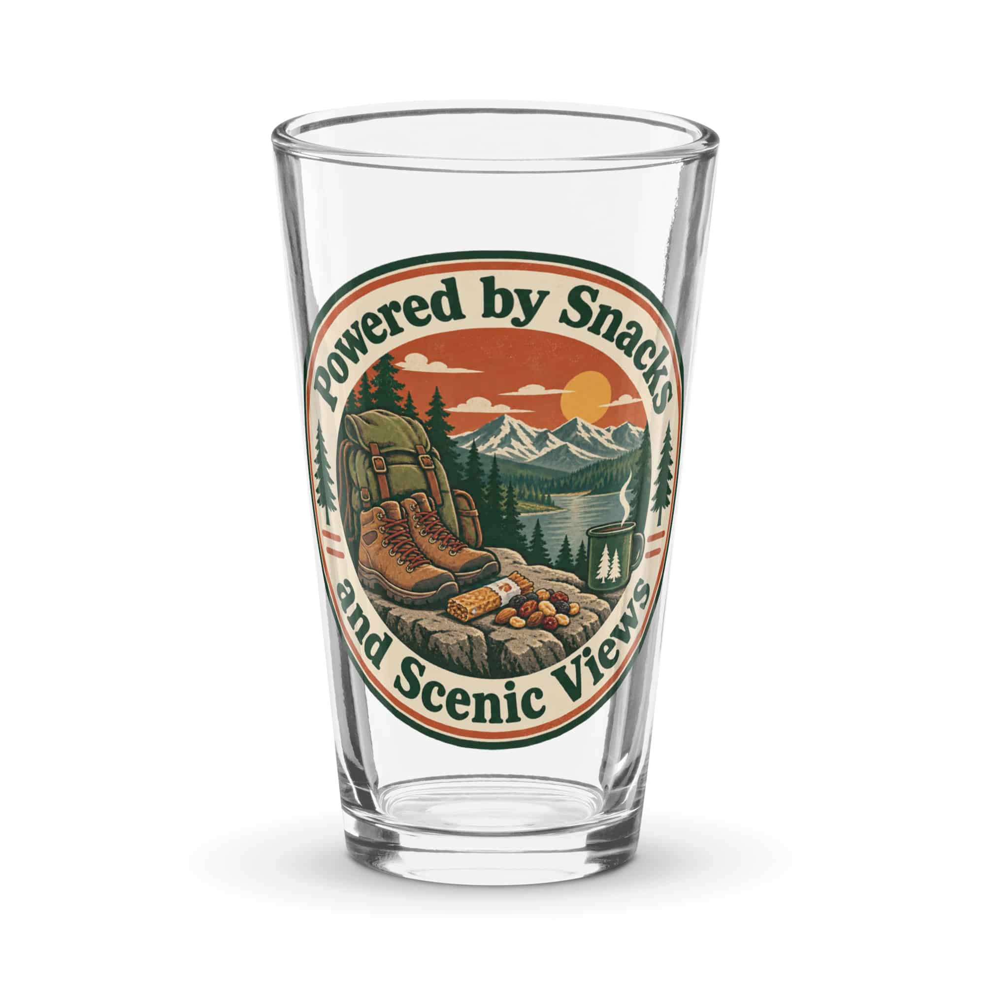 Nature and Adventure Pint Glass: Powered by Snacks and Scenic Views, Vintage Round Badge
