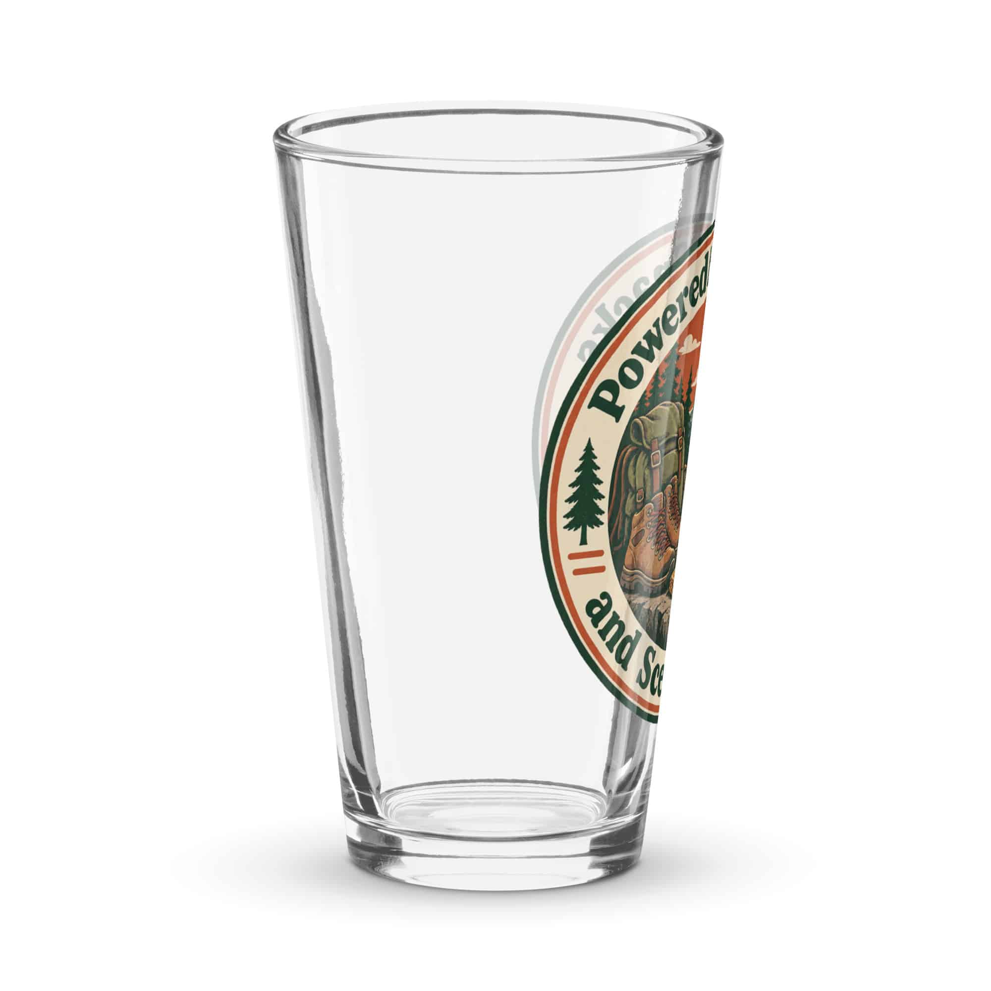 Nature and Adventure Pint Glass: Powered by Snacks and Scenic Views, Vintage Round Badge