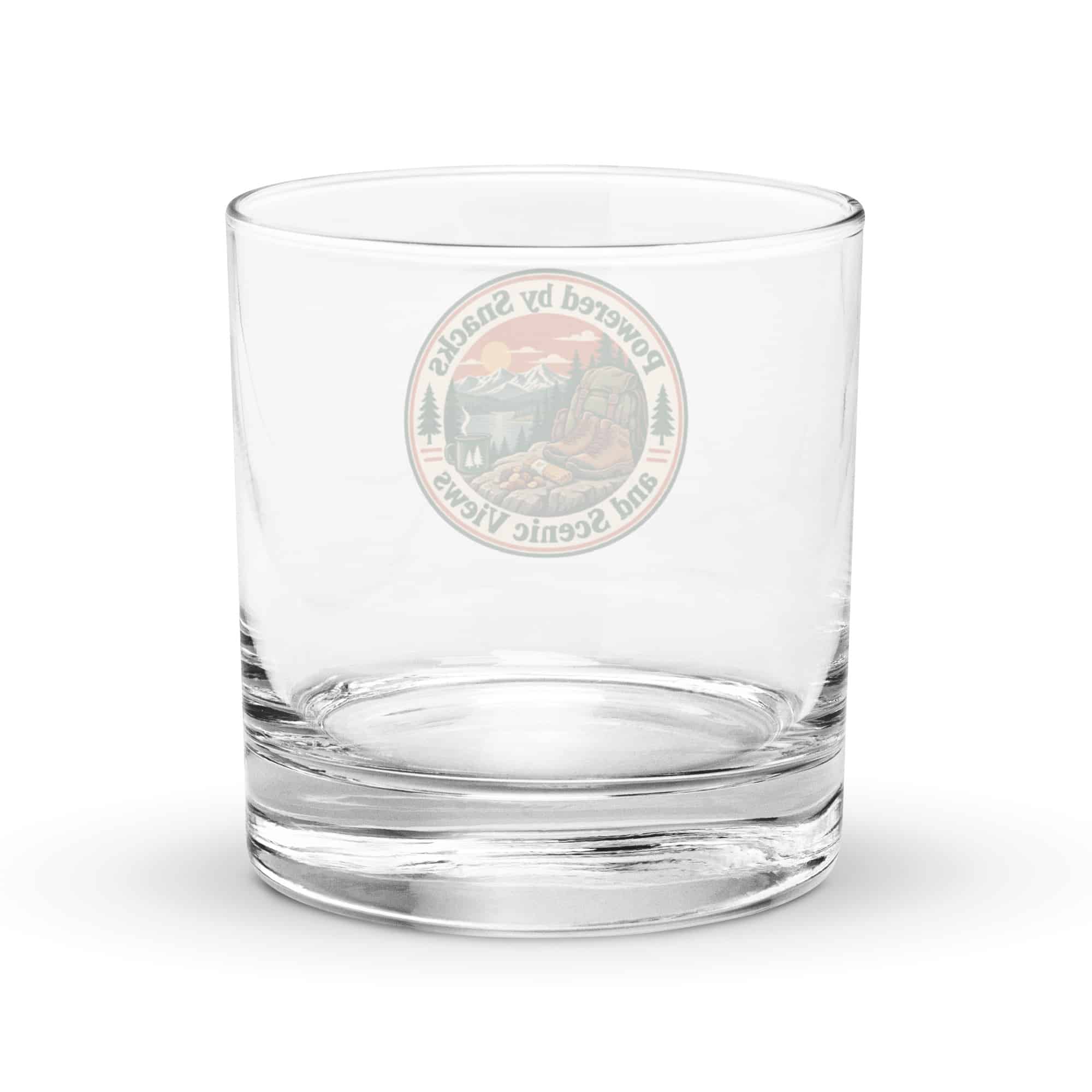 Nature and Adventure Rocks Glass: Powered by Snacks and Scenic Views, Vintage Round Badge