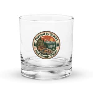 Nature and Adventure Rocks Glass: Powered by Snacks and Scenic Views, Vintage Round Badge - 10.5 oz - Main