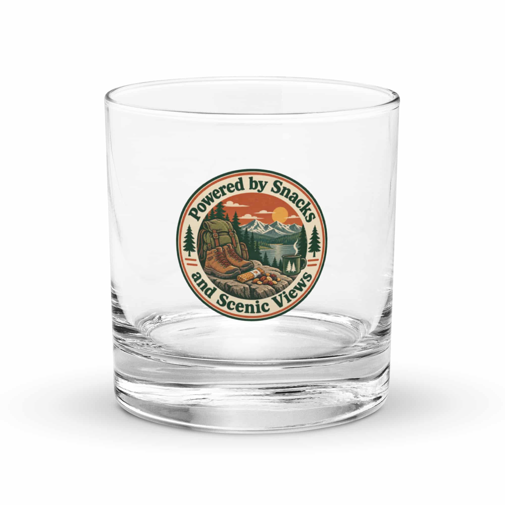 Nature and Adventure Rocks Glass: Powered by Snacks and Scenic Views, Vintage Round Badge