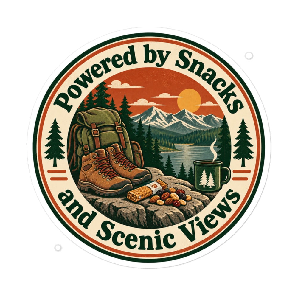 Nature and Adventure Vinyl Sticker: Powered by Snacks and Scenic Views, Vintage Round Badge