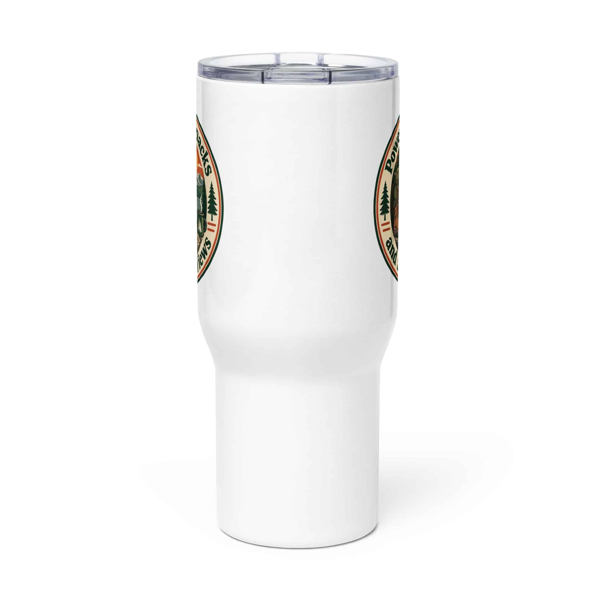 Nature and Adventure Travel Mug: Powered by Snacks and Scenic Views, Vintage Round Badge