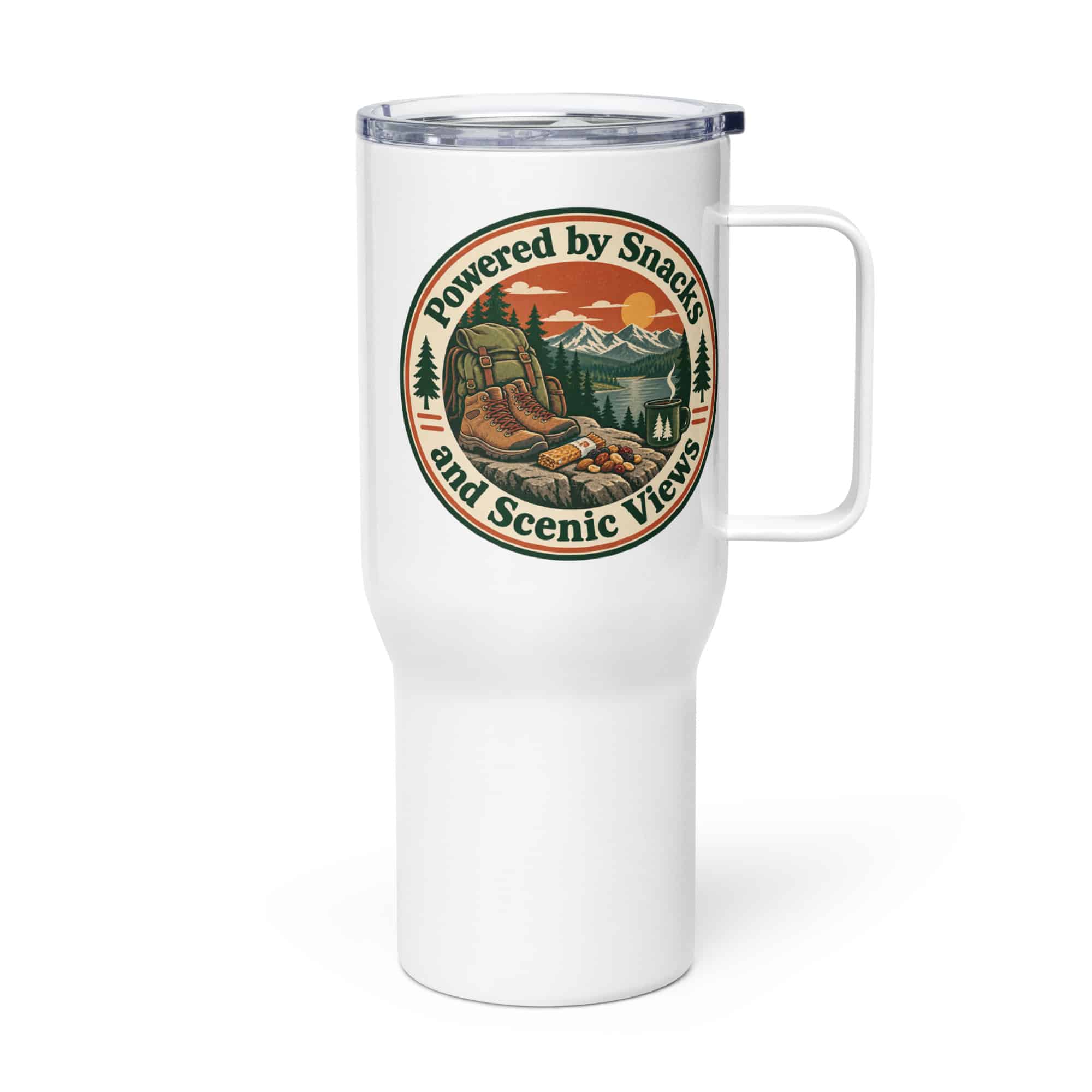 Nature and Adventure Travel Mug: Powered by Snacks and Scenic Views, Vintage Round Badge