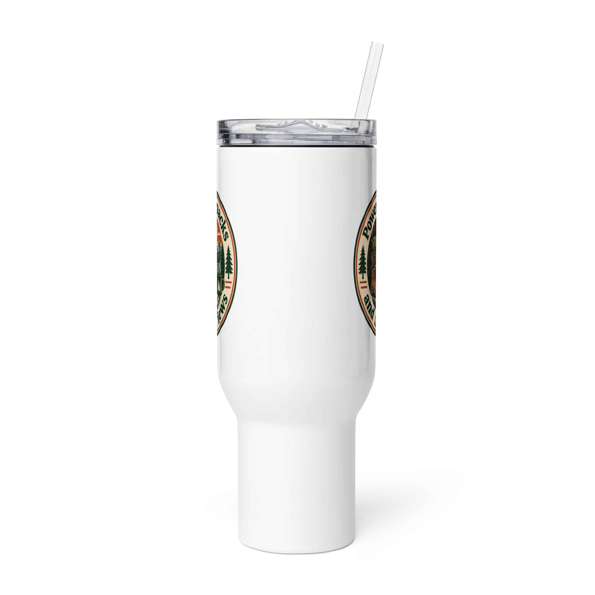 Nature and Adventure Travel Mug: Powered by Snacks and Scenic Views, Vintage Round Badge