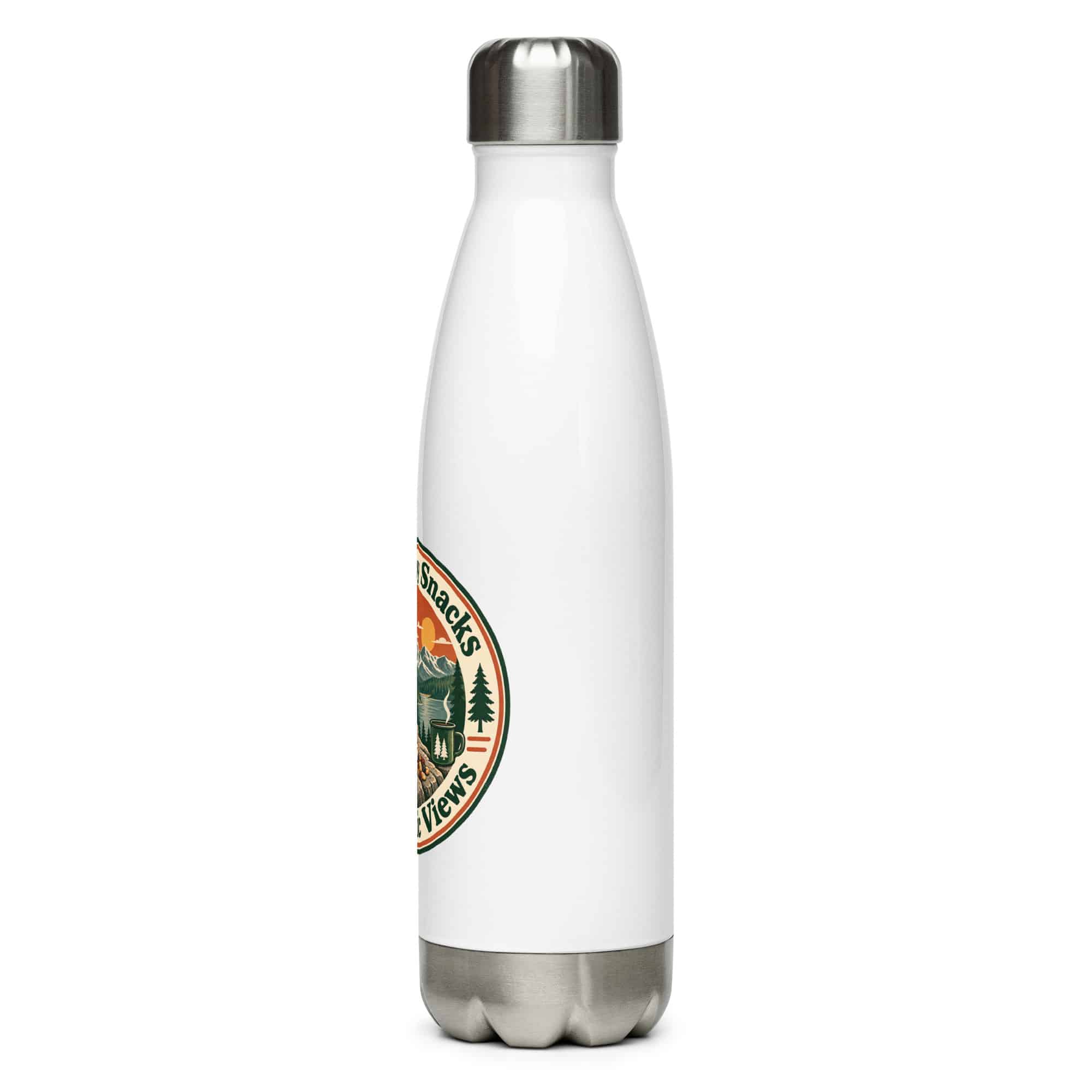 Nature and Adventure Stainless Steel Water Bottle: Powered by Snacks and Scenic Views, Vintage Round Badge
