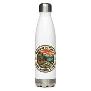 Nature and Adventure Stainless Steel Water Bottle: Powered by Snacks and Scenic Views, Vintage Round Badge - 17 oz - Main