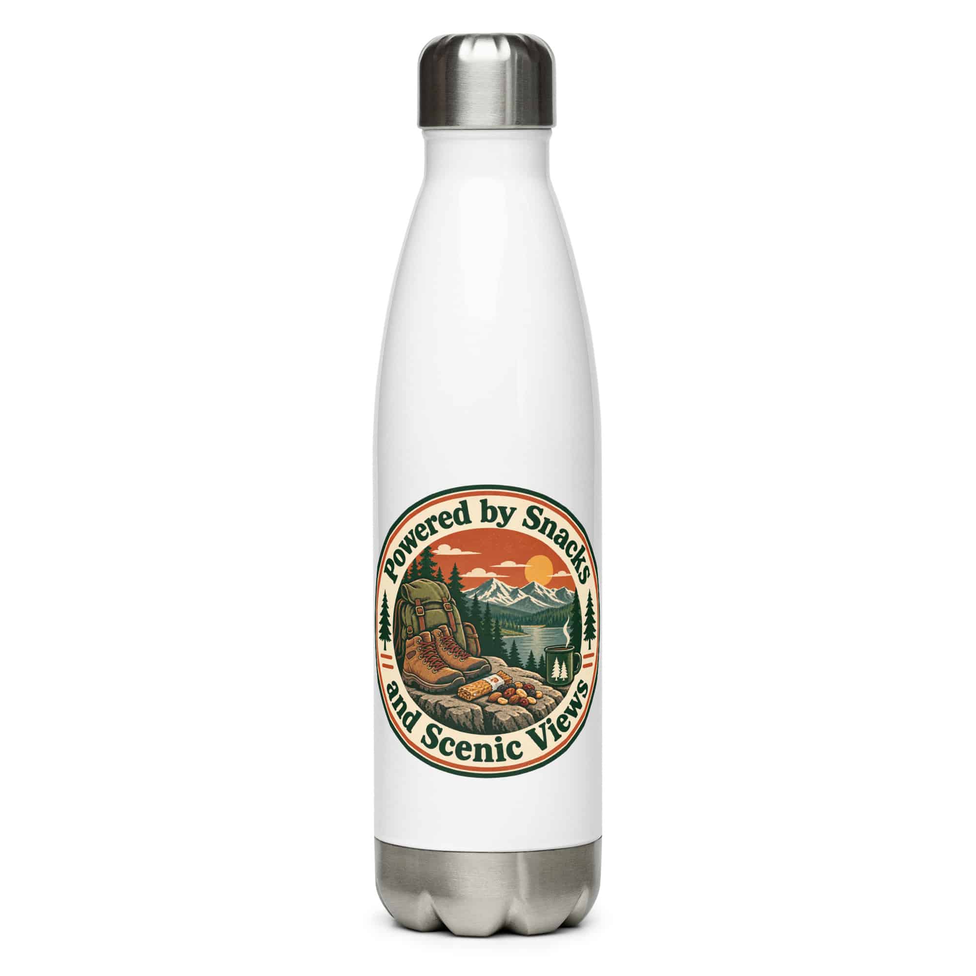 Nature and Adventure Stainless Steel Water Bottle: Powered by Snacks and Scenic Views, Vintage Round Badge