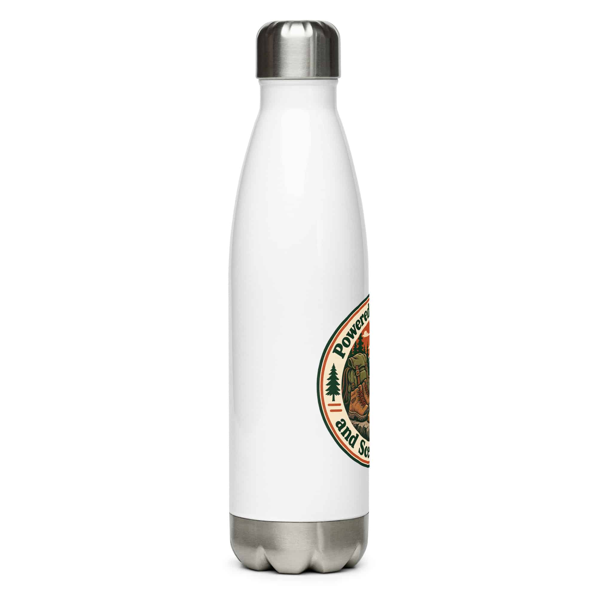 Nature and Adventure Stainless Steel Water Bottle: Powered by Snacks and Scenic Views, Vintage Round Badge