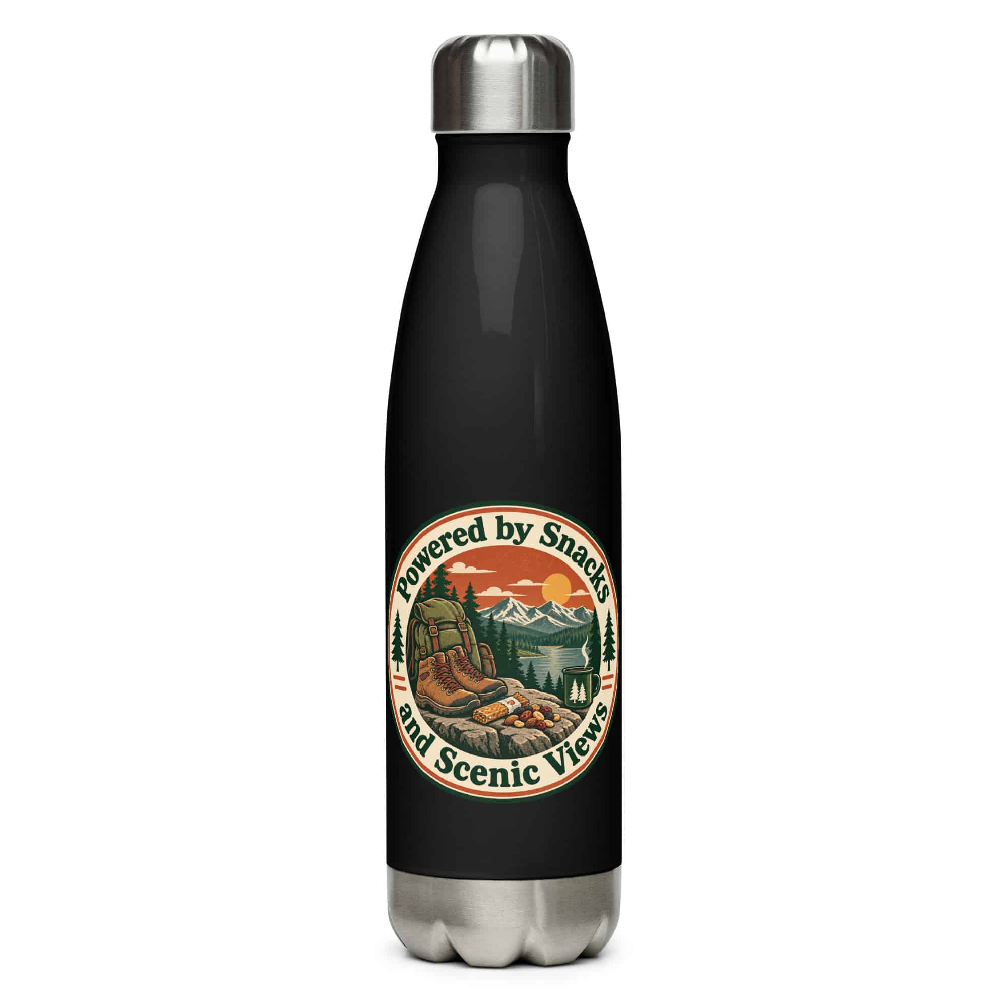 Nature and Adventure Stainless Steel Water Bottle: Powered by Snacks and Scenic Views, Vintage Round Badge
