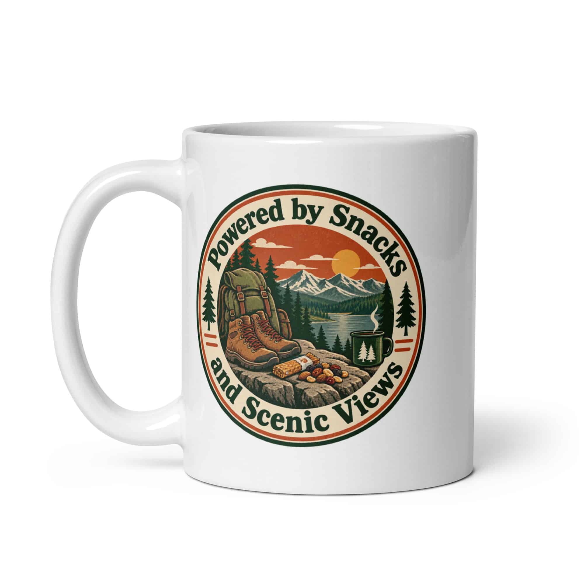 Nature and Adventure White Ceramic Coffee Mug: Powered by Snacks and Scenic Views, Vintage Round Badge