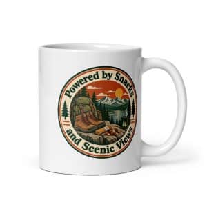 Nature and Adventure White Ceramic Coffee Mug: Powered by Snacks and Scenic Views, Vintage Round Badge - 11 oz - Main