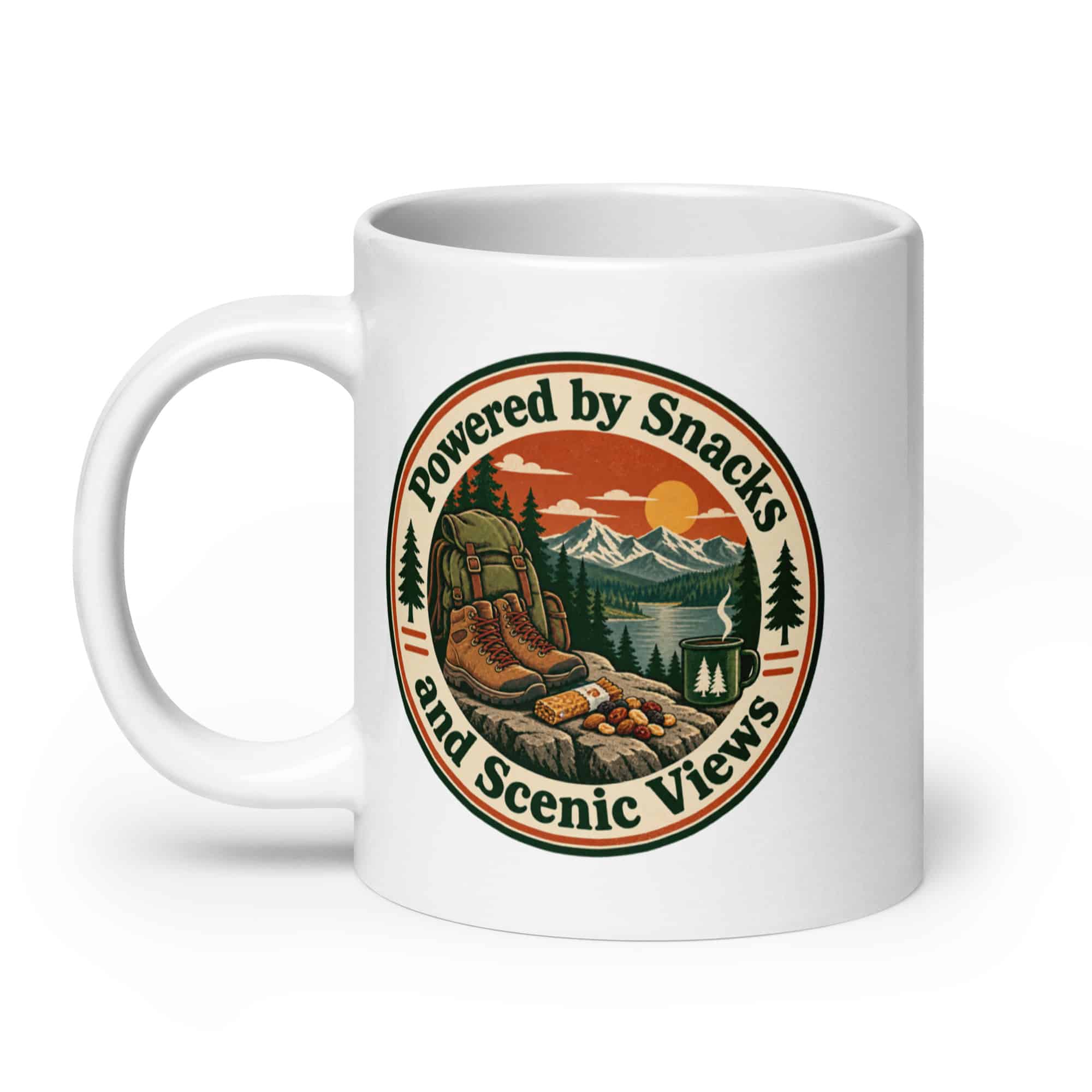 Nature and Adventure White Ceramic Coffee Mug: Powered by Snacks and Scenic Views, Vintage Round Badge