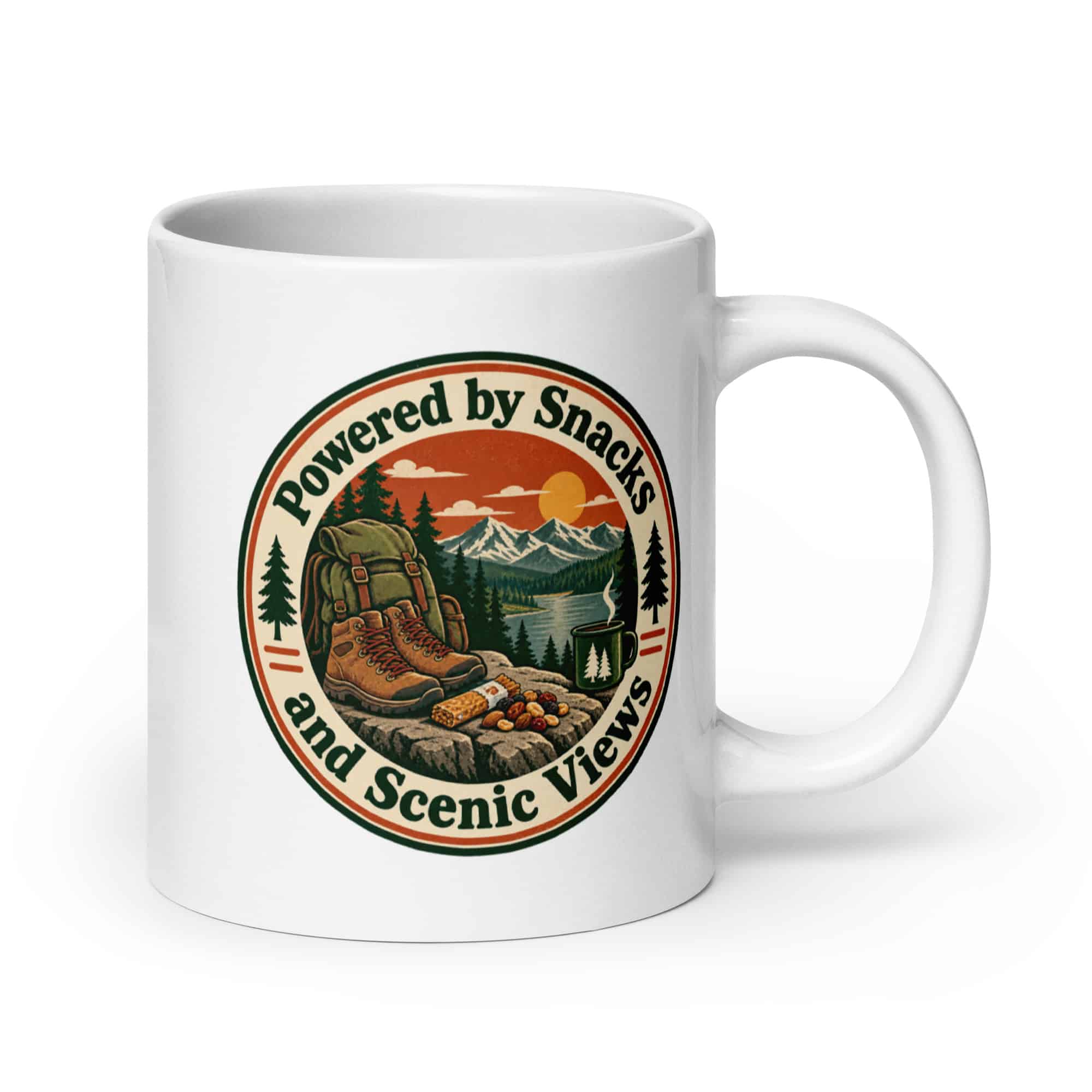 Nature and Adventure White Ceramic Coffee Mug: Powered by Snacks and Scenic Views, Vintage Round Badge