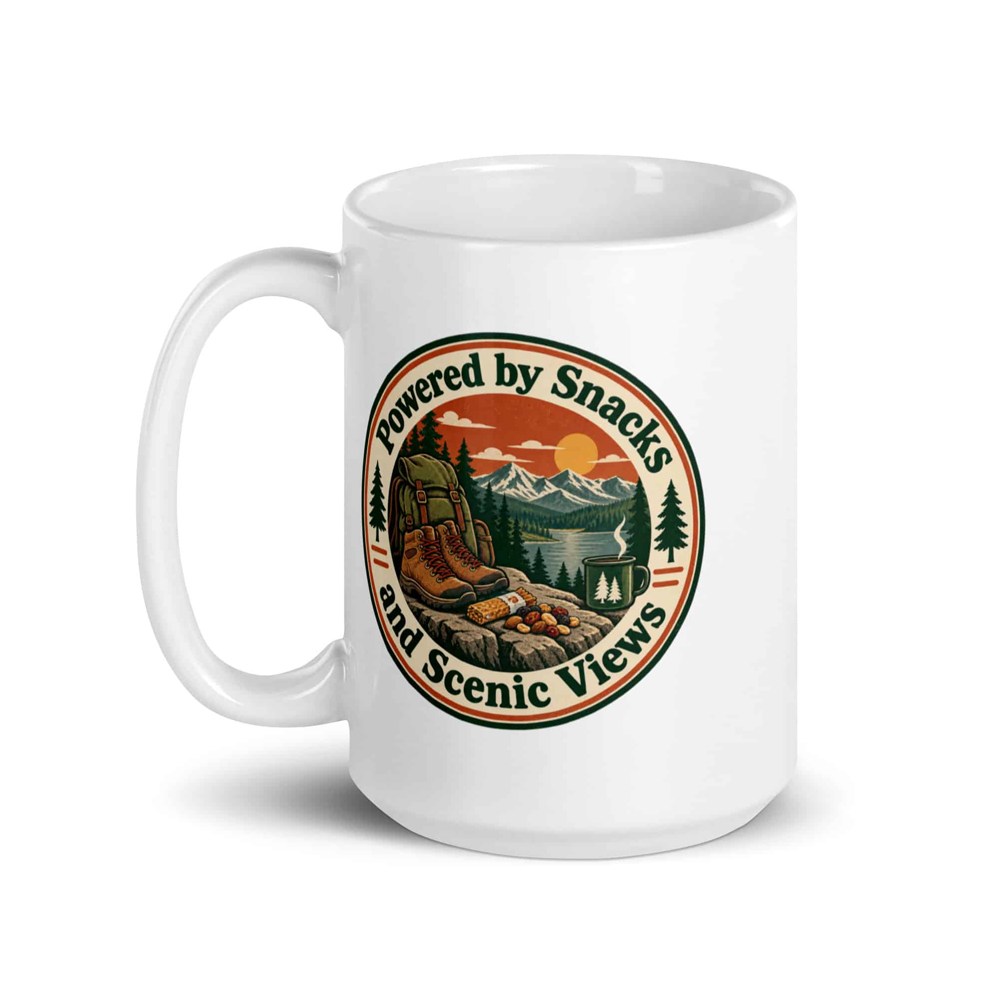 Nature and Adventure White Ceramic Coffee Mug: Powered by Snacks and Scenic Views, Vintage Round Badge