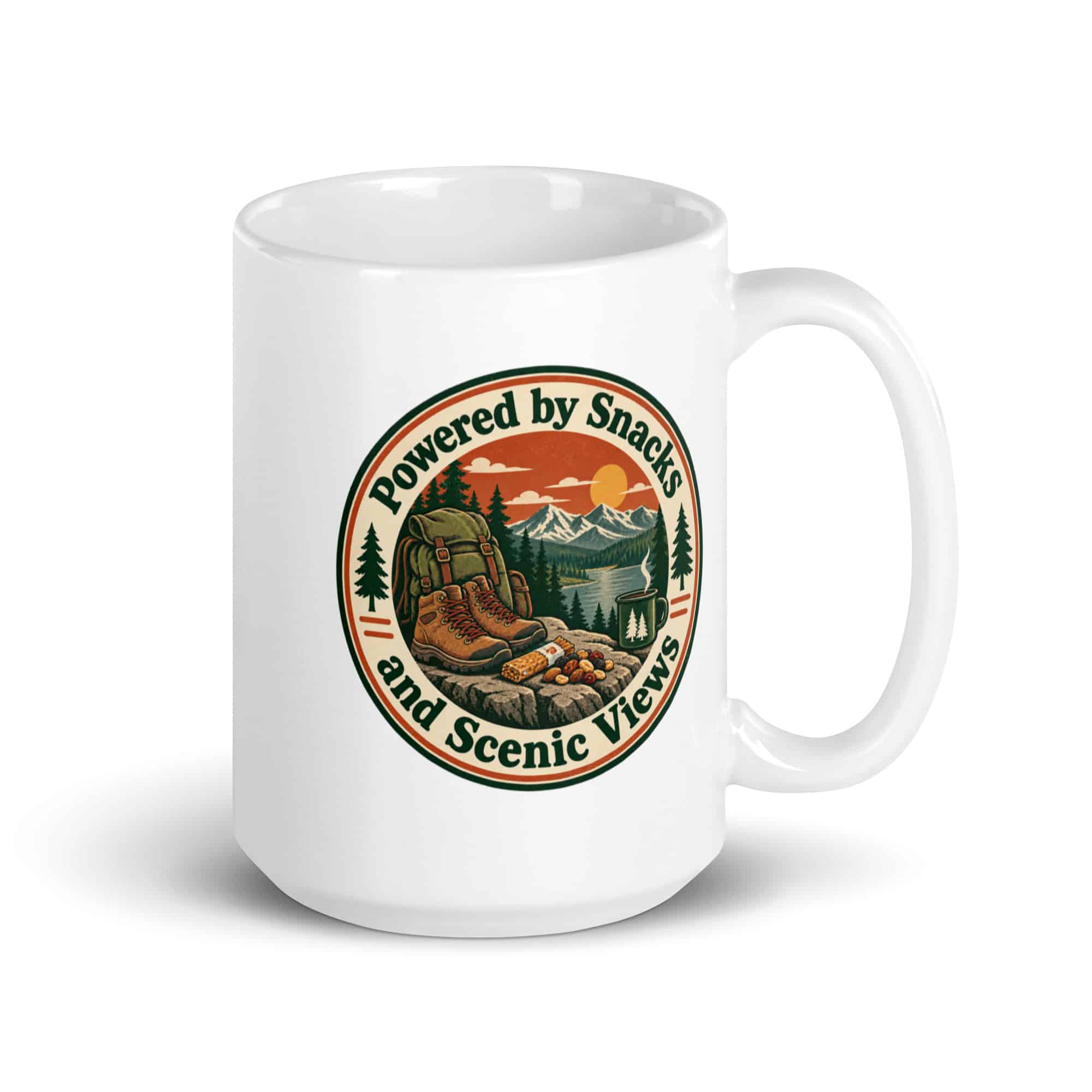 Nature and Adventure White Ceramic Coffee Mug: Powered by Snacks and Scenic Views, Vintage Round Badge