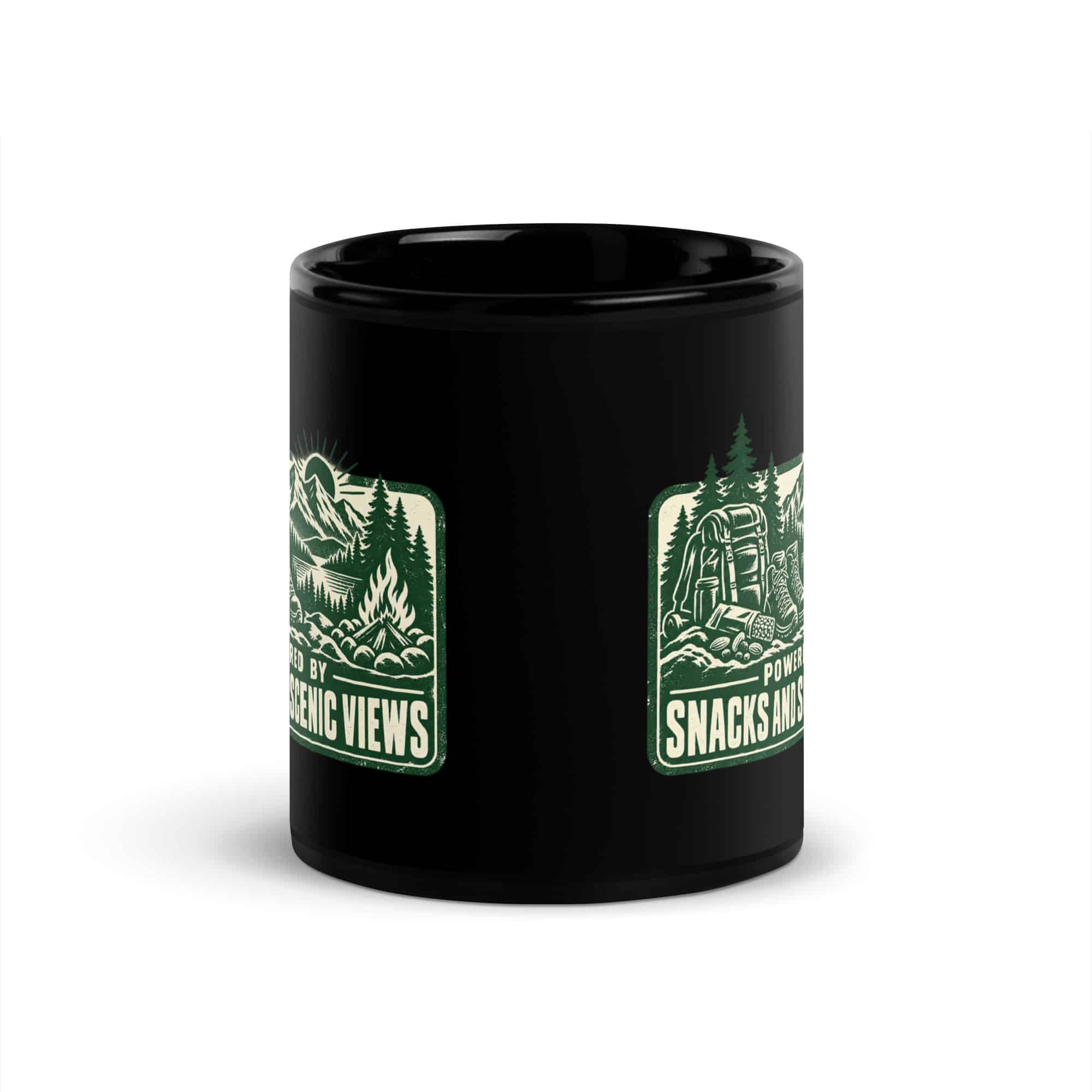 Nature and Adventure Black Coffee Mug: Powered by Snacks and Scenic Views, Forest Ink Stamp