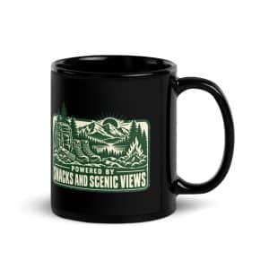 Nature and Adventure Black Coffee Mug: Powered by Snacks and Scenic Views, Forest Ink Stamp - 11 oz - Handle on Right