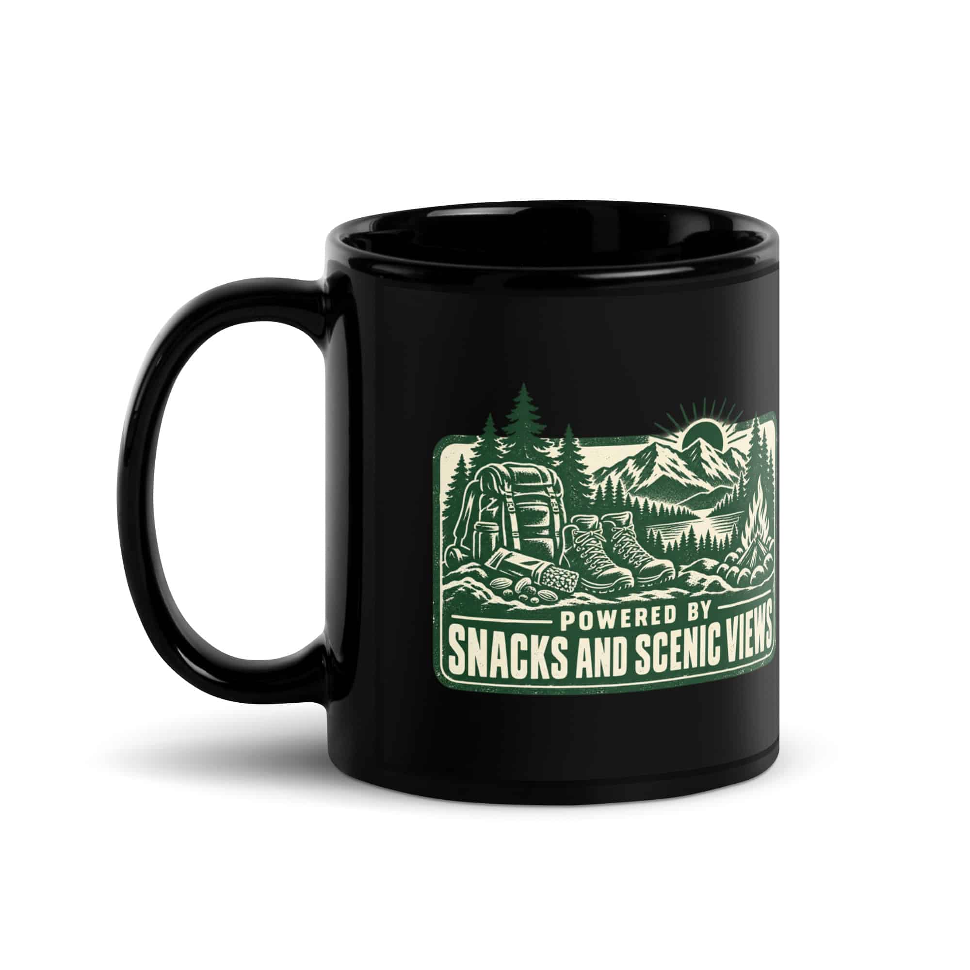 Nature and Adventure Black Coffee Mug: Powered by Snacks and Scenic Views, Forest Ink Stamp
