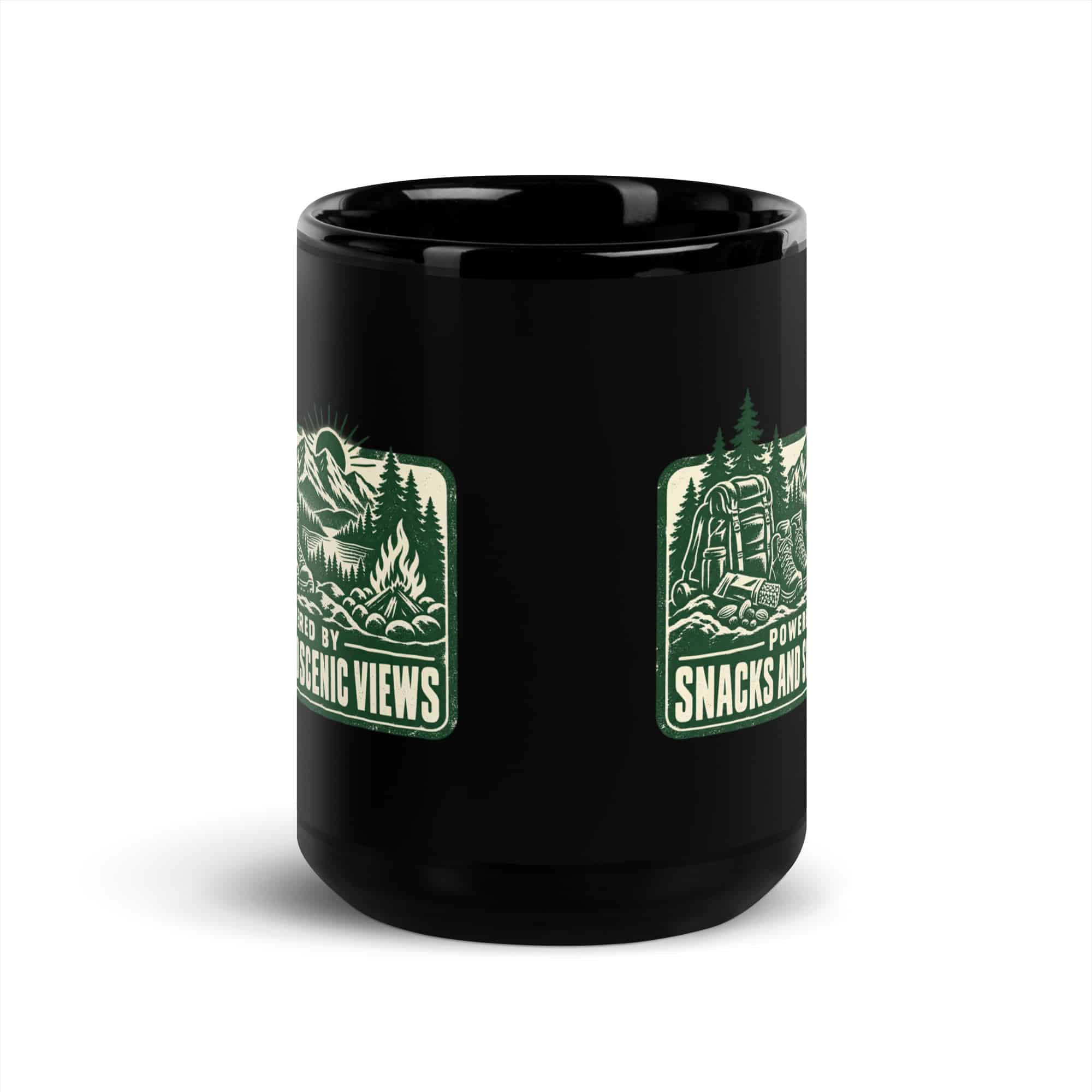 Nature and Adventure Black Coffee Mug: Powered by Snacks and Scenic Views, Forest Ink Stamp