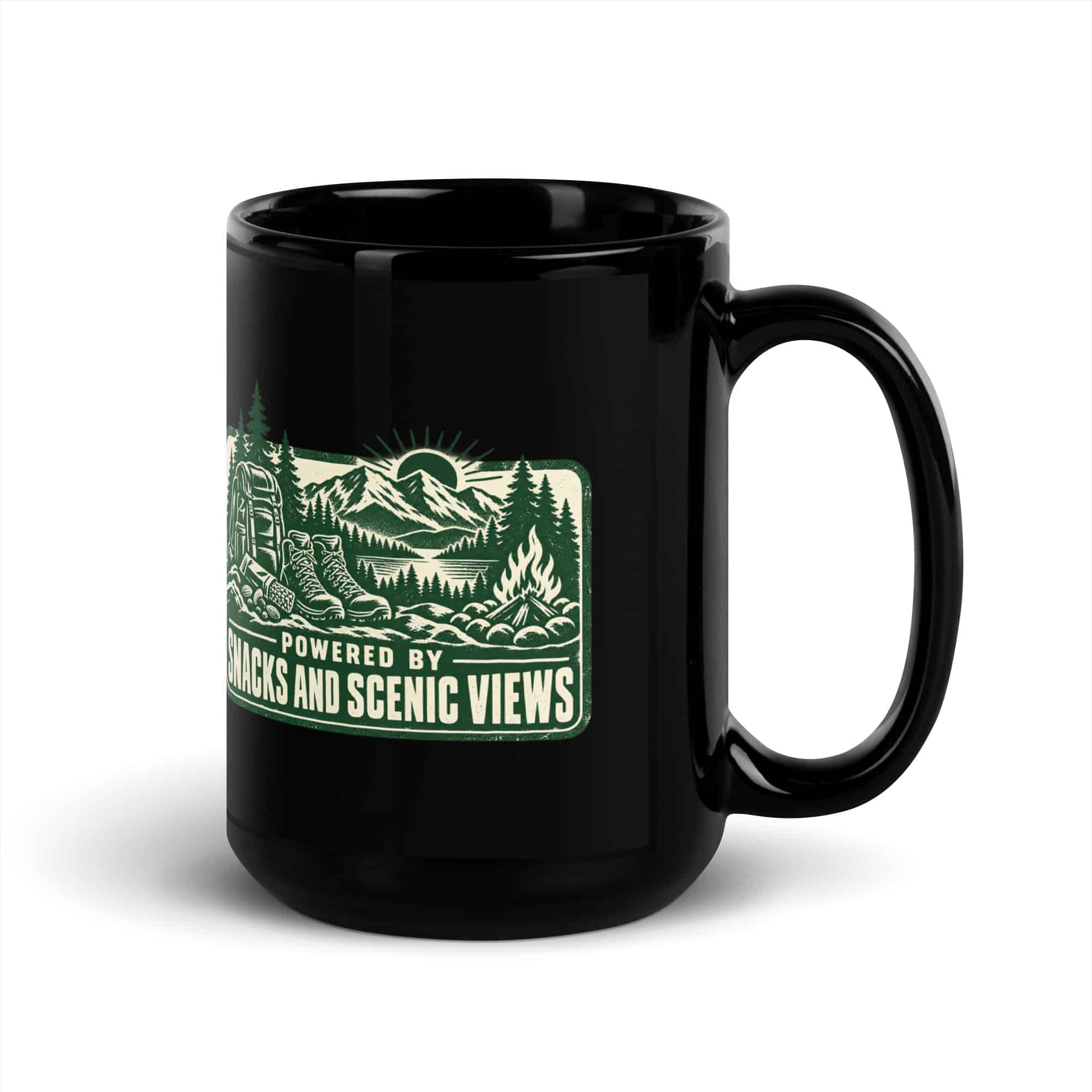 Nature and Adventure Black Coffee Mug: Powered by Snacks and Scenic Views, Forest Ink Stamp