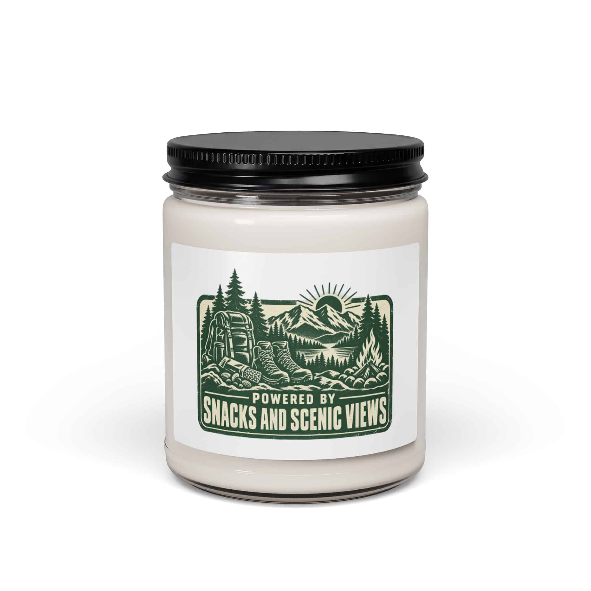 Nature and Adventure Soy Wax Candle: Powered by Snacks and Scenic Views, Forest Ink Stamp