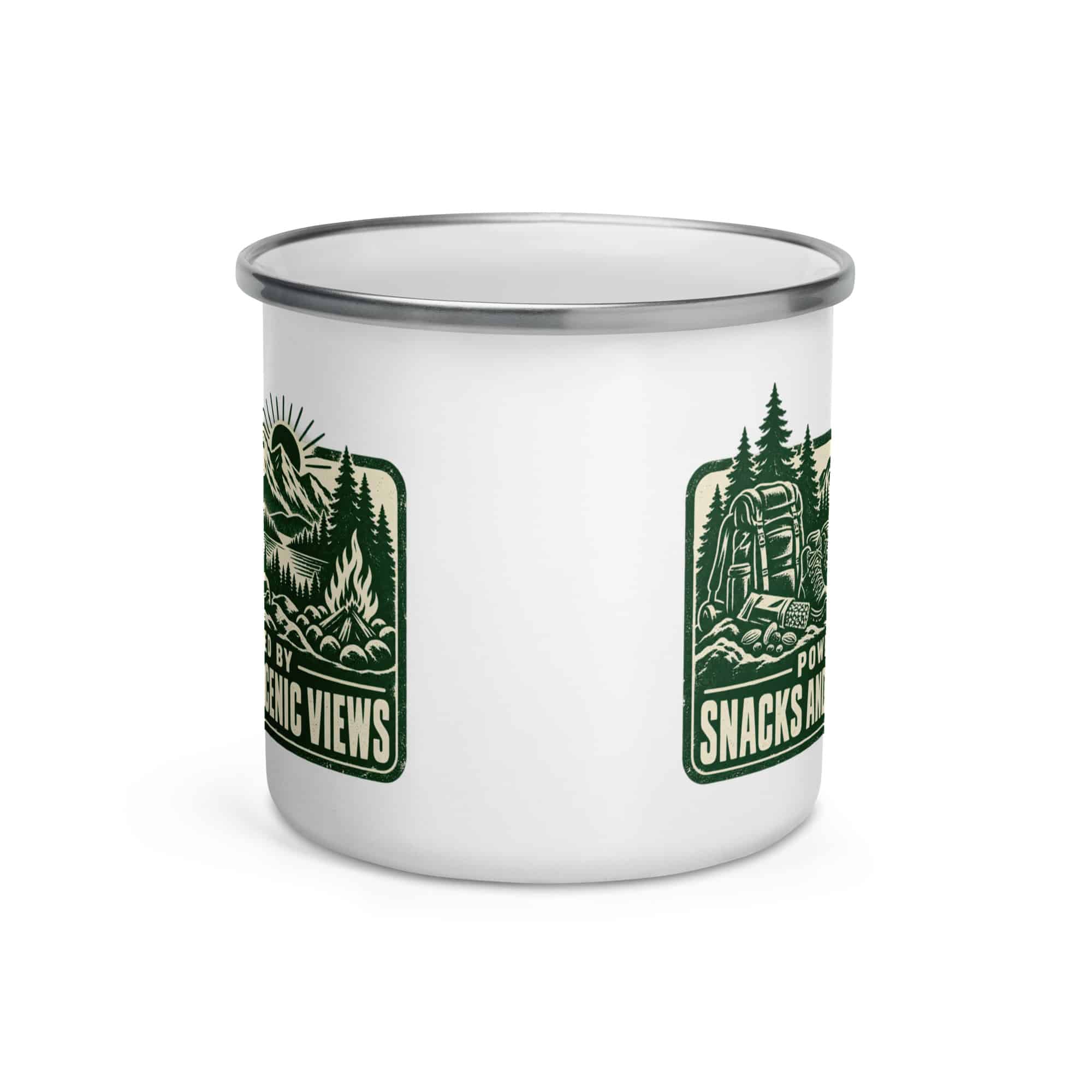 Nature and Adventure Enamel Camp Mug: Powered by Snacks and Scenic Views, Forest Ink Stamp