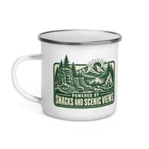 Nature and Adventure Enamel Camp Mug: Powered by Snacks and Scenic Views, Forest Ink Stamp - 12 oz - Left