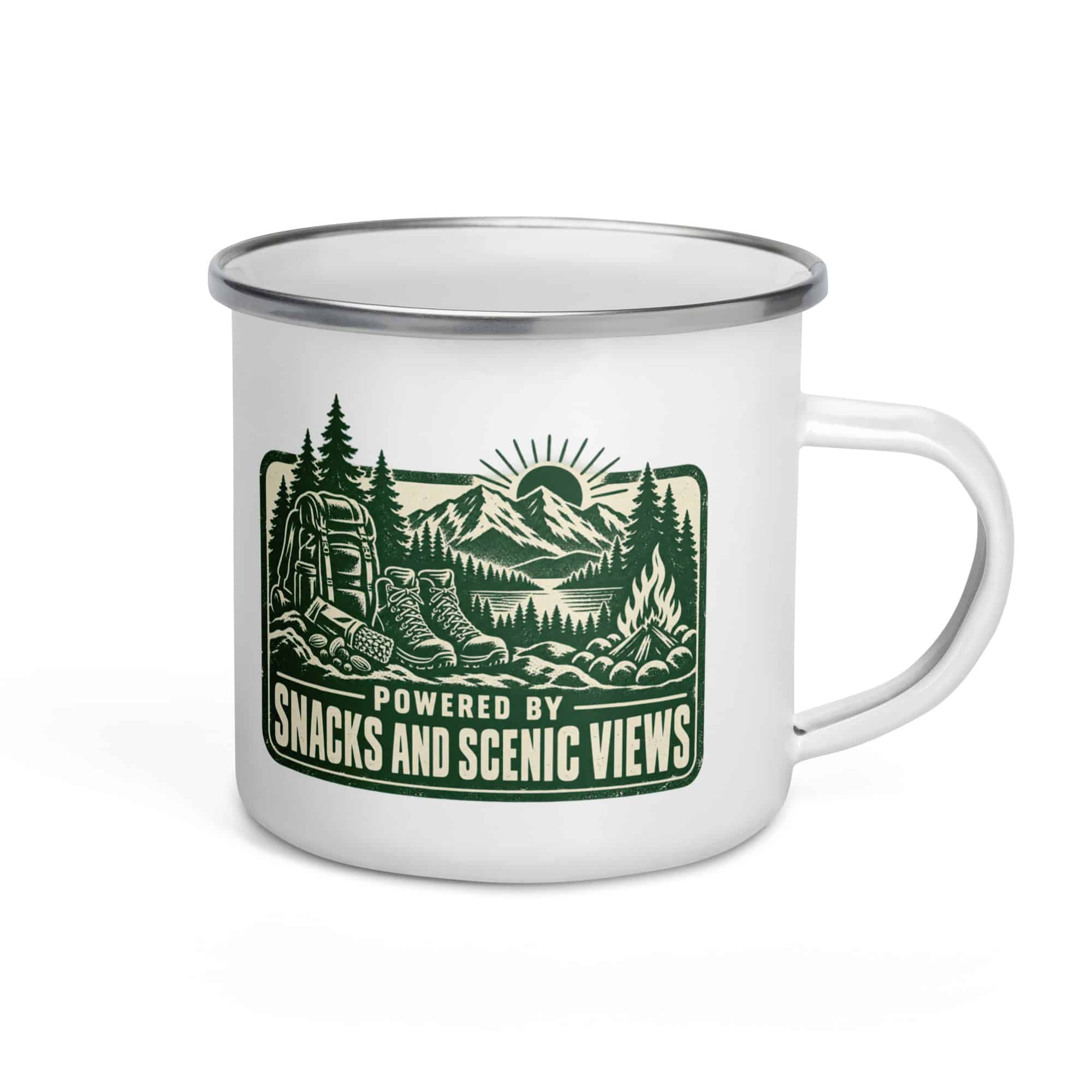Nature and Adventure Enamel Camp Mug: Powered by Snacks and Scenic Views, Forest Ink Stamp