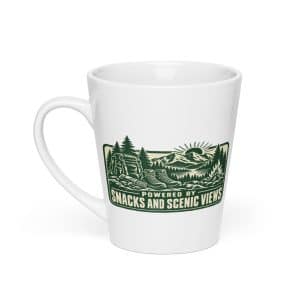 Nature and Adventure Latte Mug: Powered by Snacks and Scenic Views, Forest Ink Stamp - 12 oz - Main
