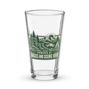 Nature and Adventure Pint Glass: Powered by Snacks and Scenic Views, Forest Ink Stamp - 16 oz - Main