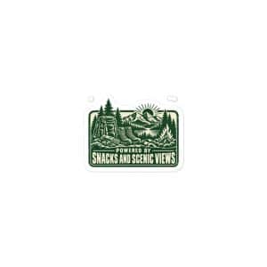 Nature and Adventure Vinyl Sticker: Powered by Snacks and Scenic Views, Forest Ink Stamp - 3″×3″ - Main