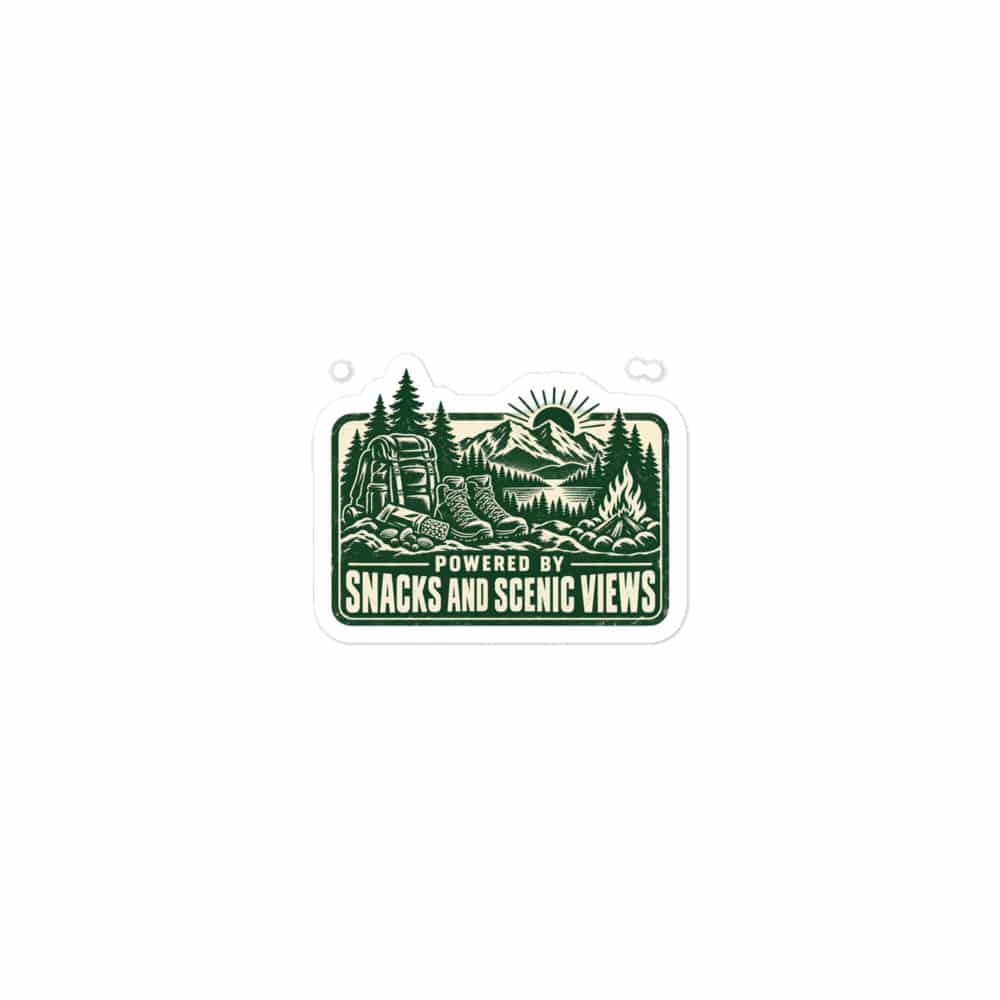 Nature and Adventure Vinyl Sticker: Powered by Snacks and Scenic Views, Forest Ink Stamp