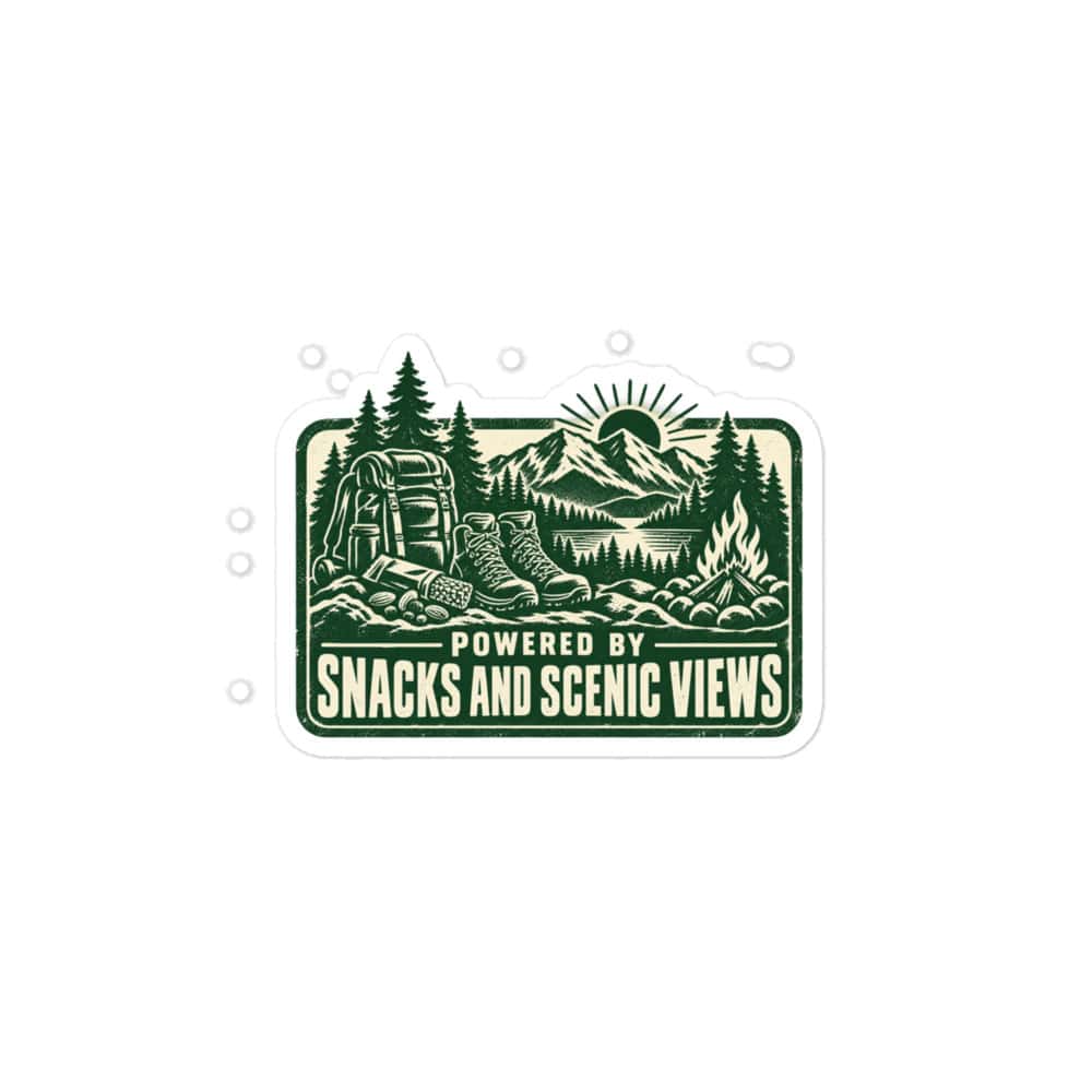 Nature and Adventure Vinyl Sticker: Powered by Snacks and Scenic Views, Forest Ink Stamp