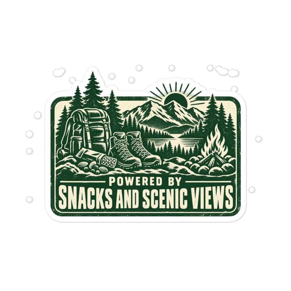 Nature and Adventure Vinyl Sticker: Powered by Snacks and Scenic Views, Forest Ink Stamp