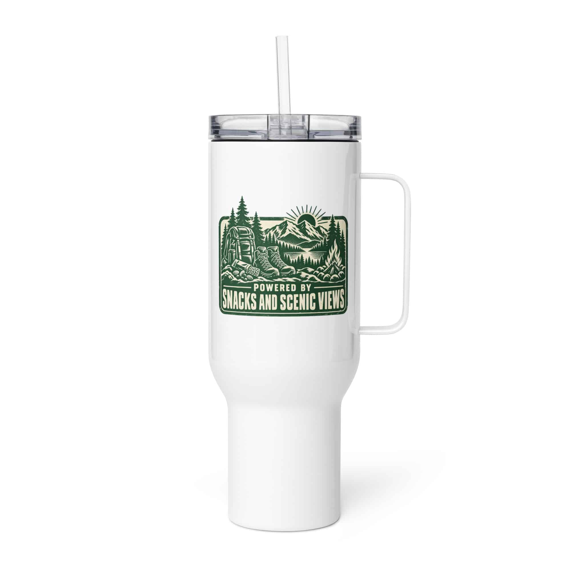 Nature and Adventure Travel Mug: Powered by Snacks and Scenic Views, Forest Ink Stamp