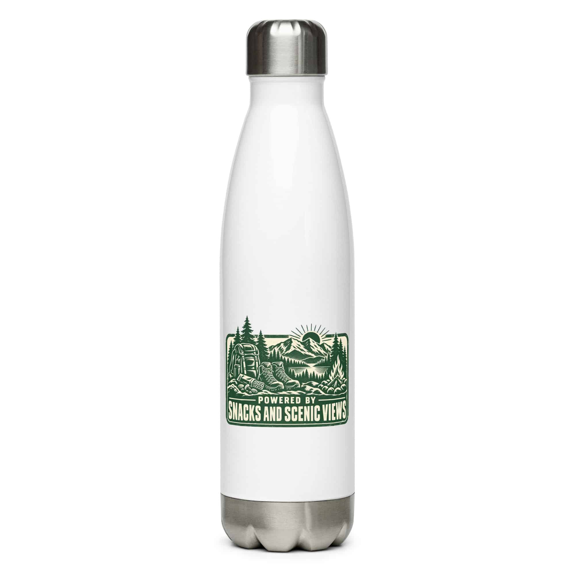 Nature and Adventure Stainless Steel Water Bottle: Powered by Snacks and Scenic Views, Forest Ink Stamp