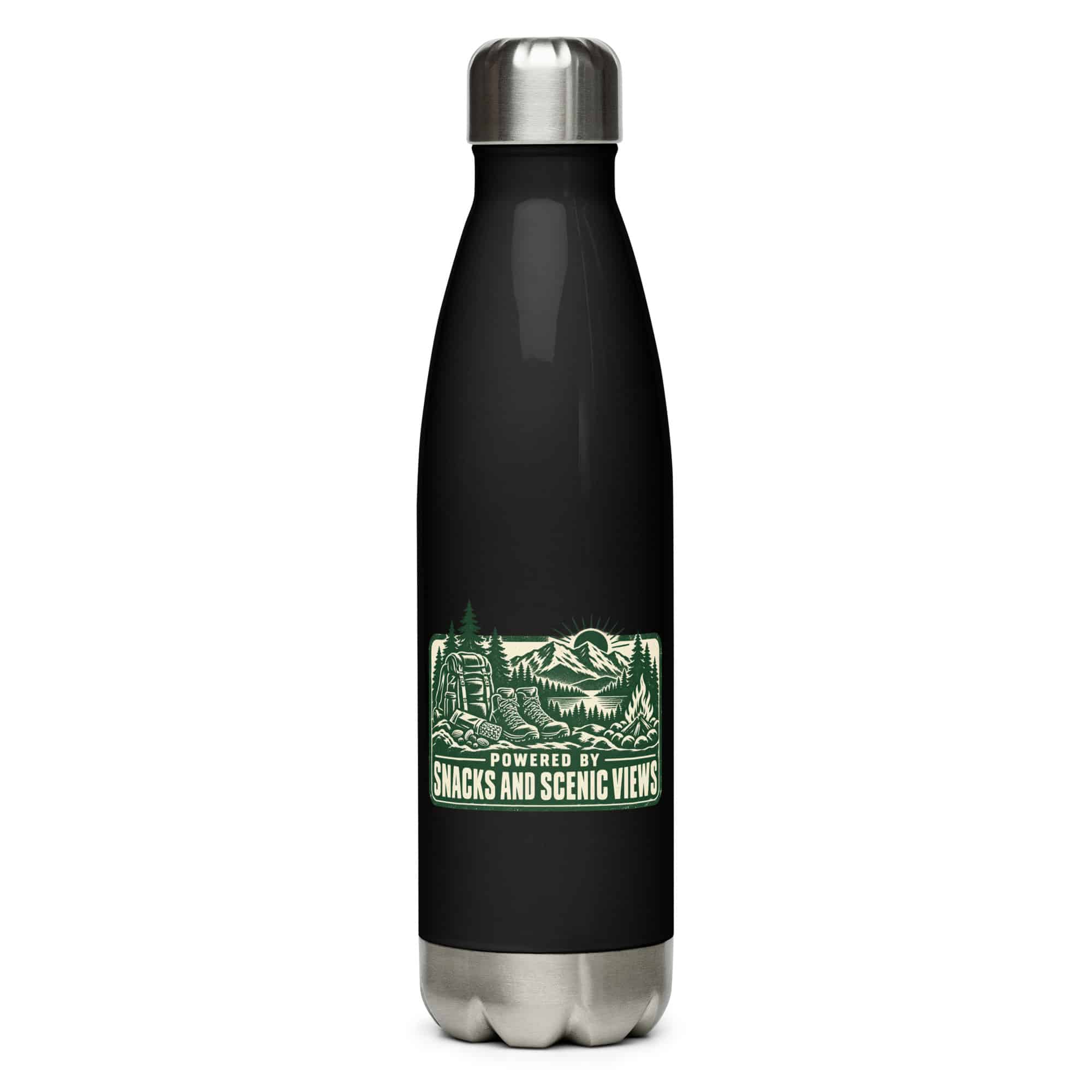 Nature and Adventure Stainless Steel Water Bottle: Powered by Snacks and Scenic Views, Forest Ink Stamp