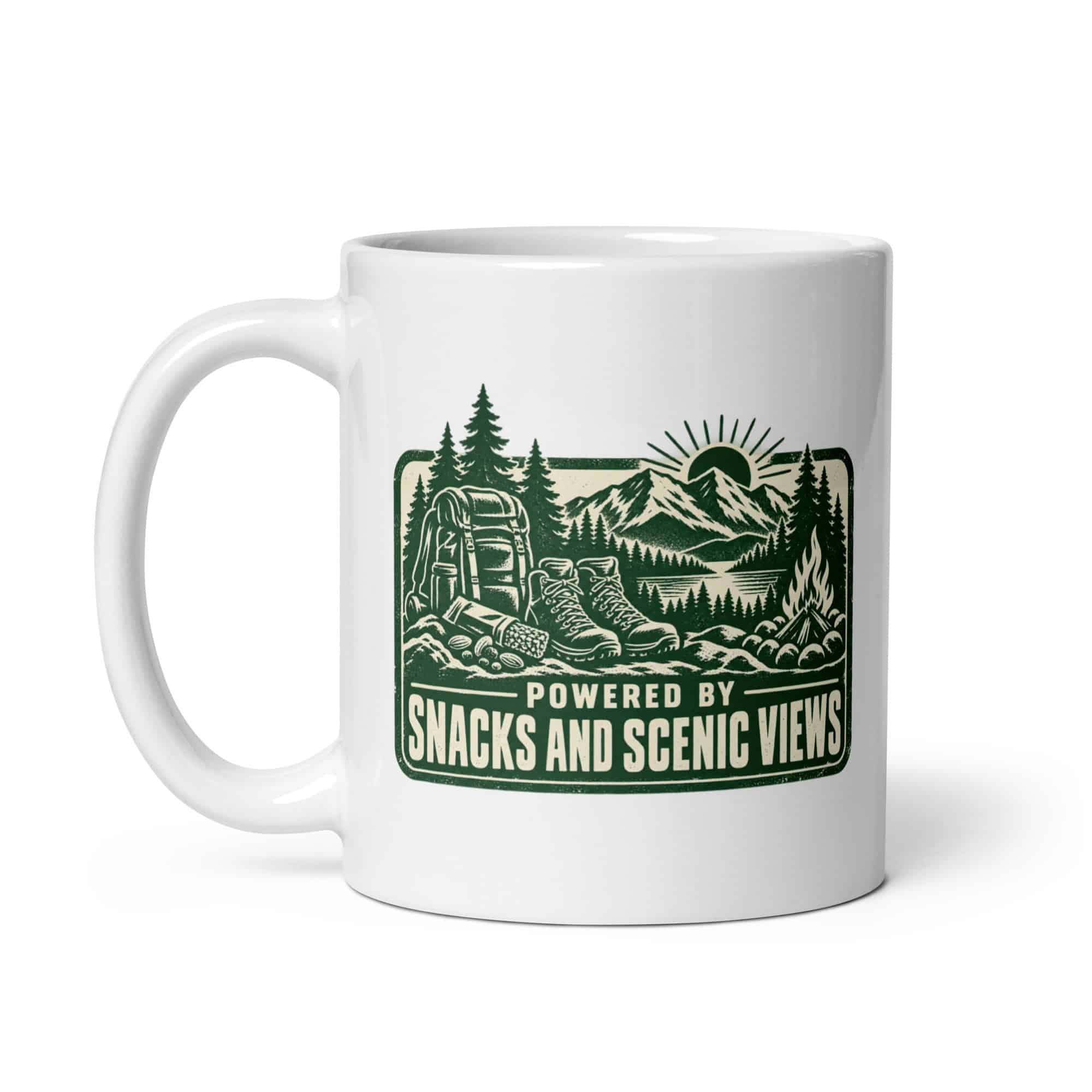 Nature and Adventure White Ceramic Coffee Mug: Powered by Snacks and Scenic Views, Forest Ink Stamp