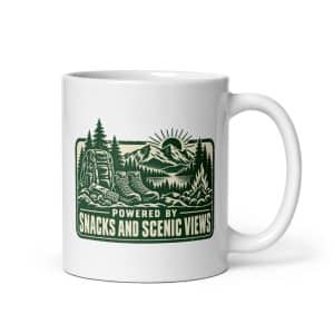 Nature and Adventure White Ceramic Coffee Mug: Powered by Snacks and Scenic Views, Forest Ink Stamp - 11 oz - Main