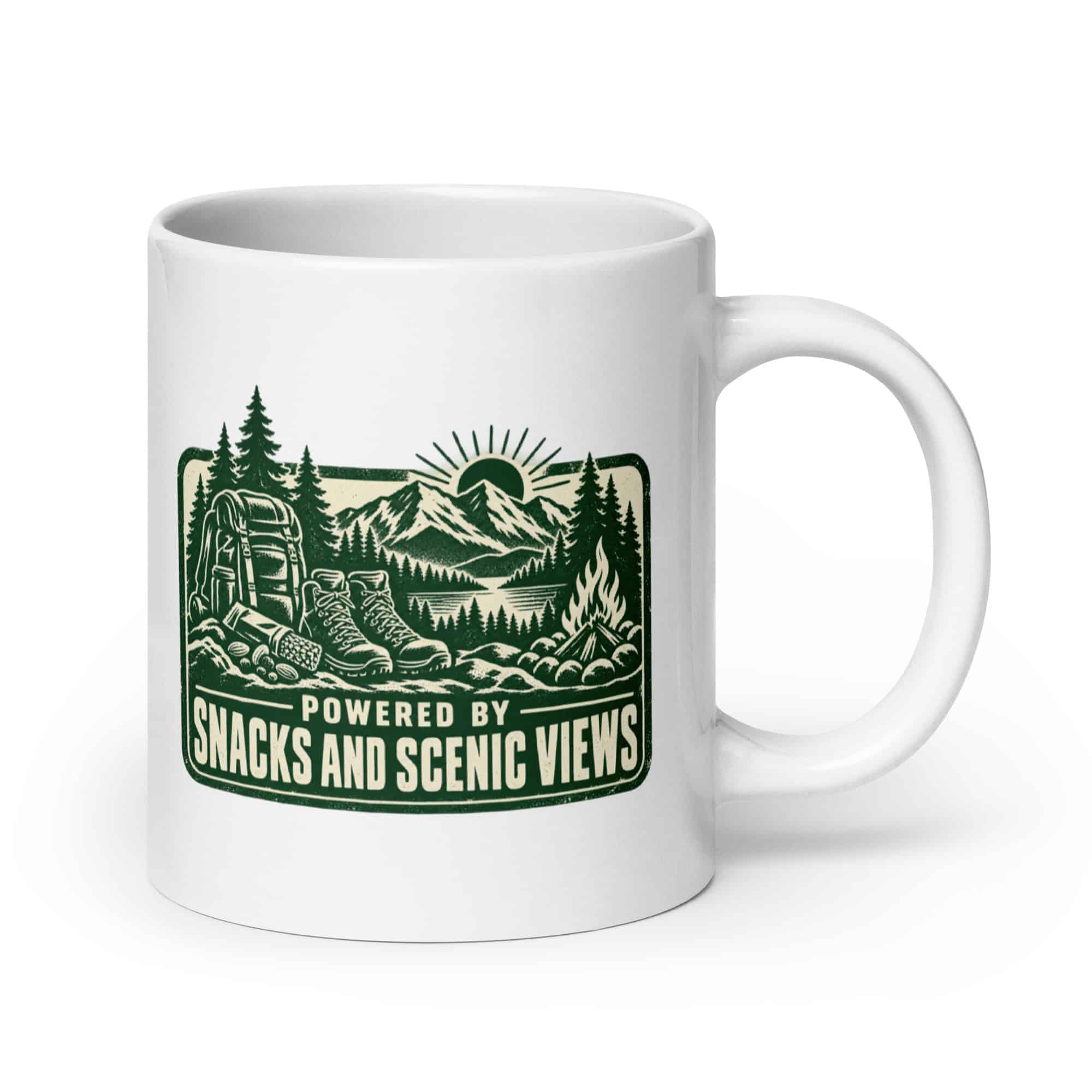 Nature and Adventure White Ceramic Coffee Mug: Powered by Snacks and Scenic Views, Forest Ink Stamp