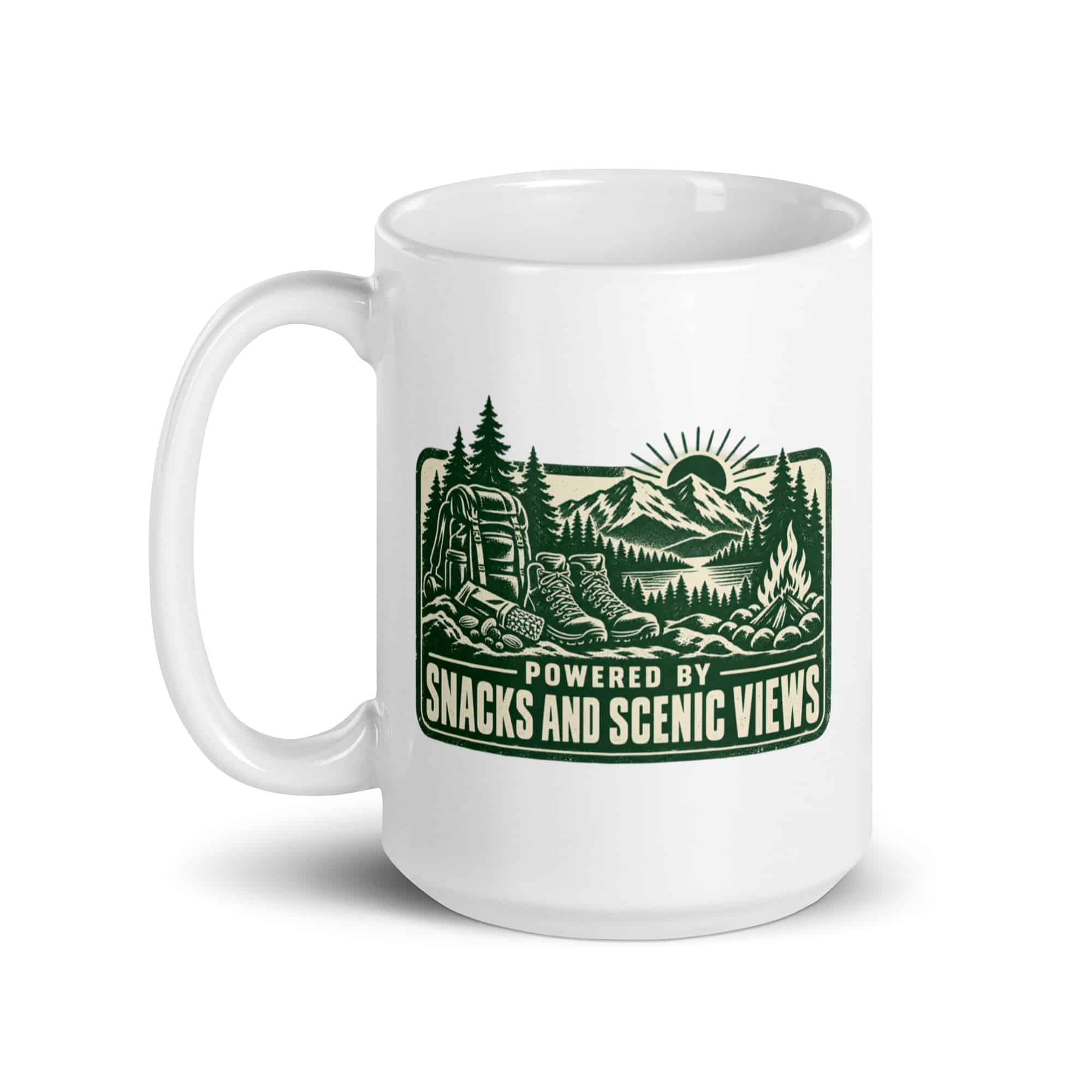 Nature and Adventure White Ceramic Coffee Mug: Powered by Snacks and Scenic Views, Forest Ink Stamp