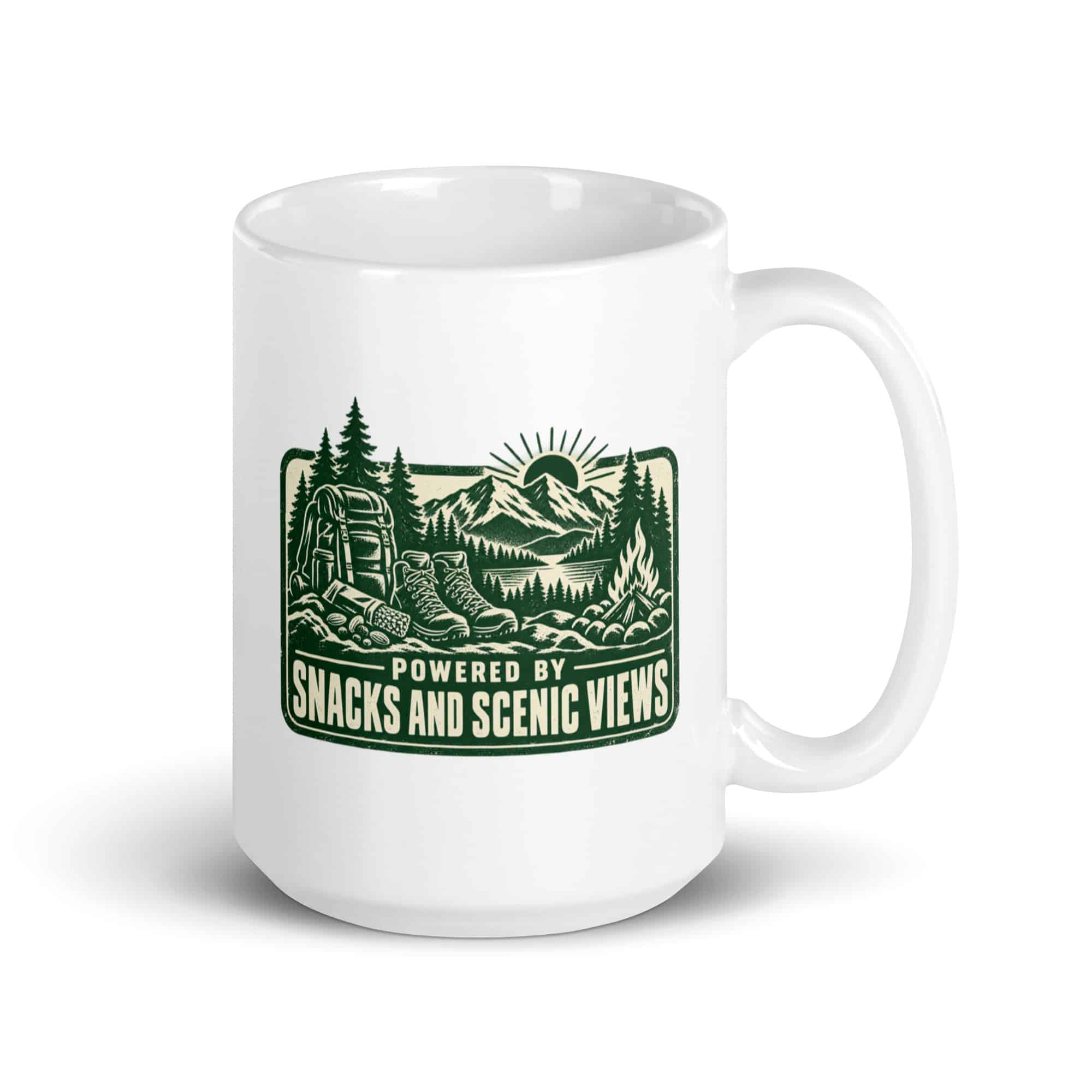 Nature and Adventure White Ceramic Coffee Mug: Powered by Snacks and Scenic Views, Forest Ink Stamp