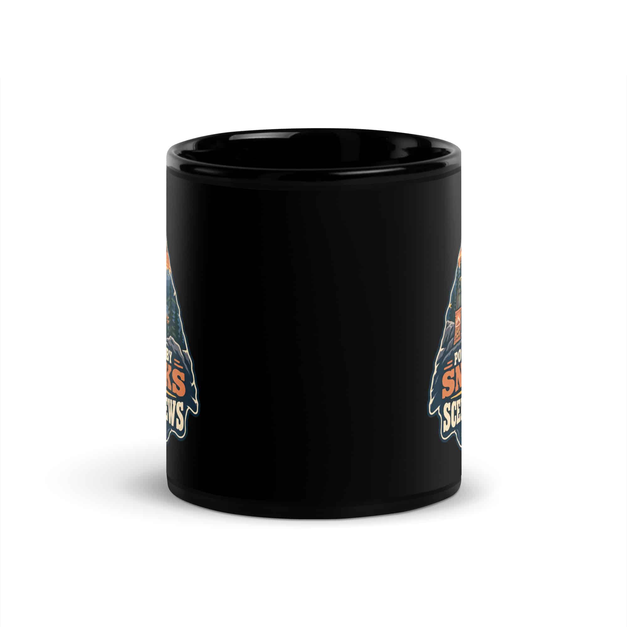 Nature and Adventure Black Coffee Mug: Powered by Snacks and Scenic Views, Scenic Shield Badge