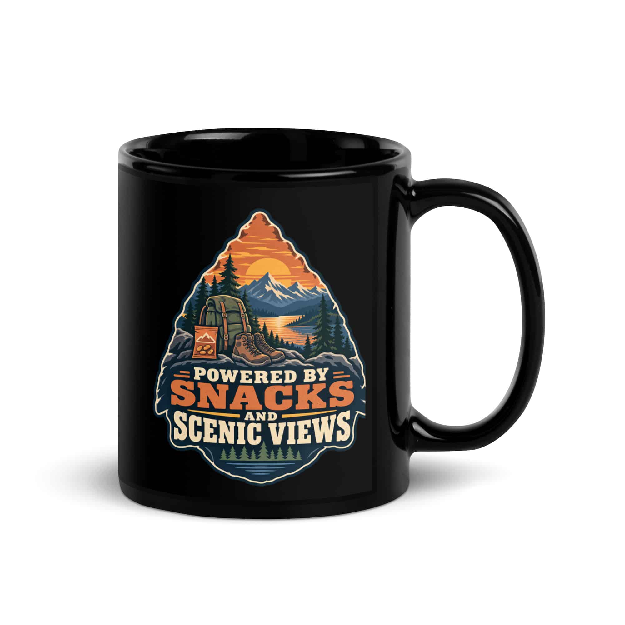 Nature and Adventure Black Coffee Mug: Powered by Snacks and Scenic Views, Scenic Shield Badge